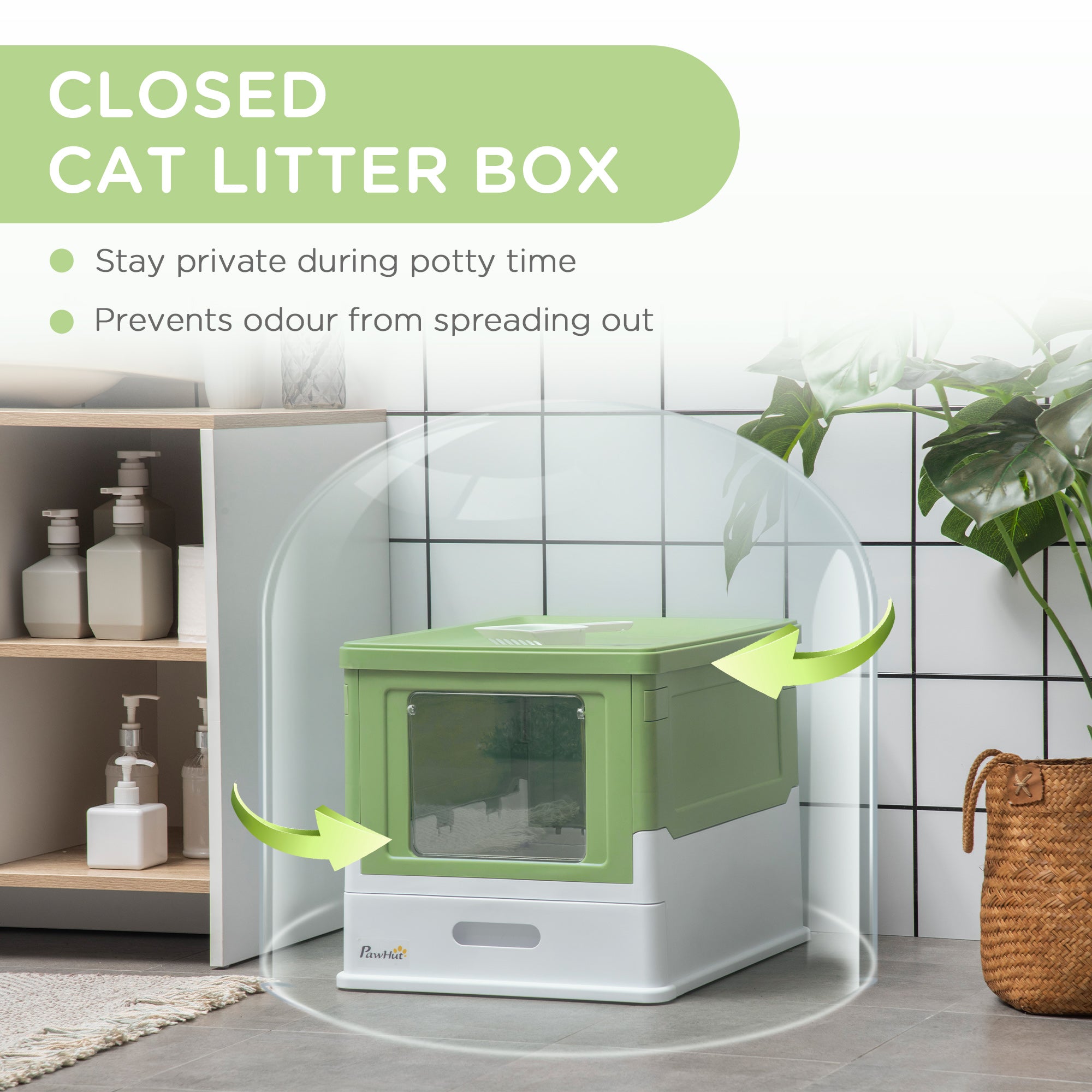 Top Entry Enclosed Kitty Litter Box with Scoop, Tray, Front Entry, Large Space, Foldable, Portable, Dark Green Cat Litter Box Enclosures   at Gallery Canada