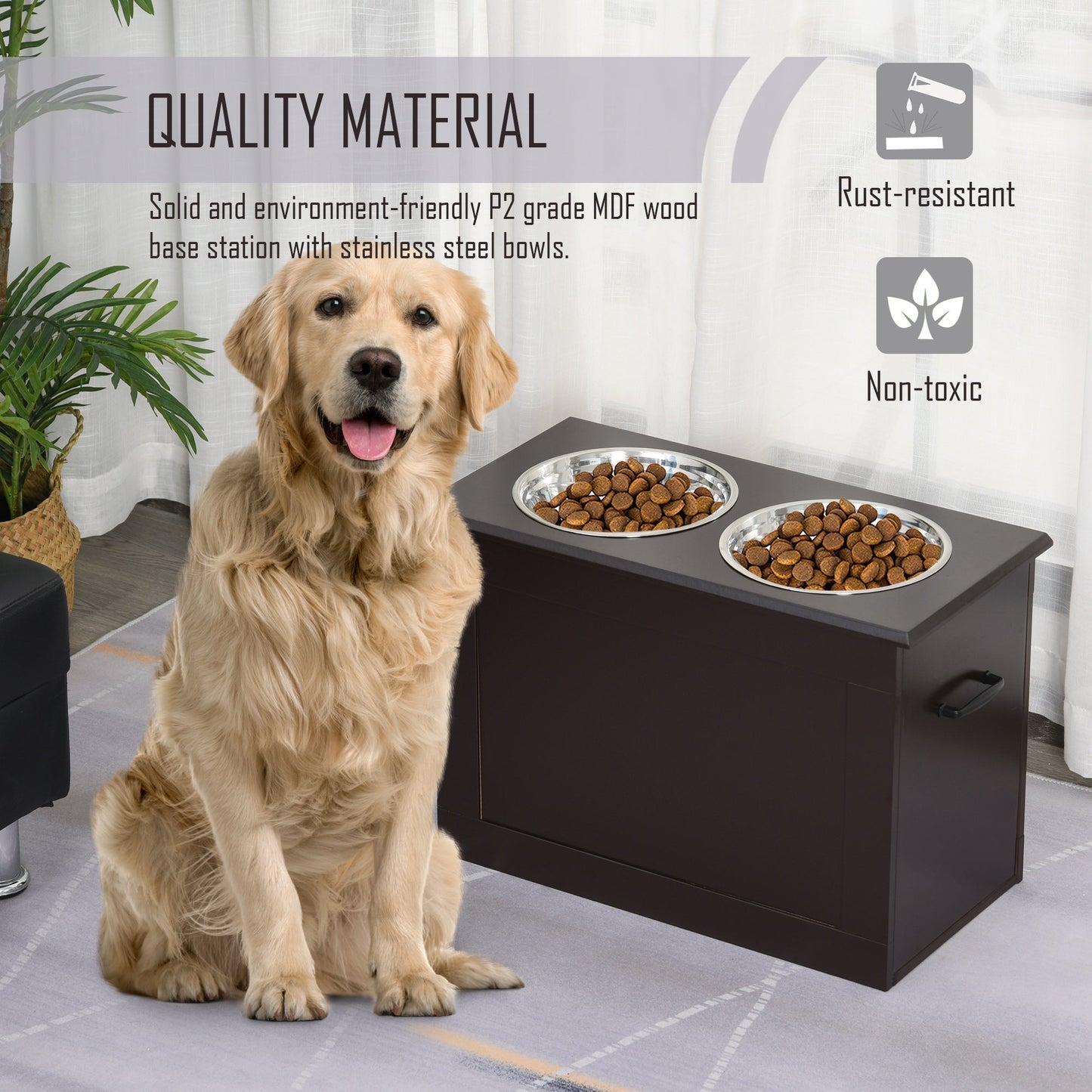 Elevated Dog Bowls with Storage for Large Dogs, 2 Stainless Steel Bowls, Brown Dog Bowls   at Gallery Canada