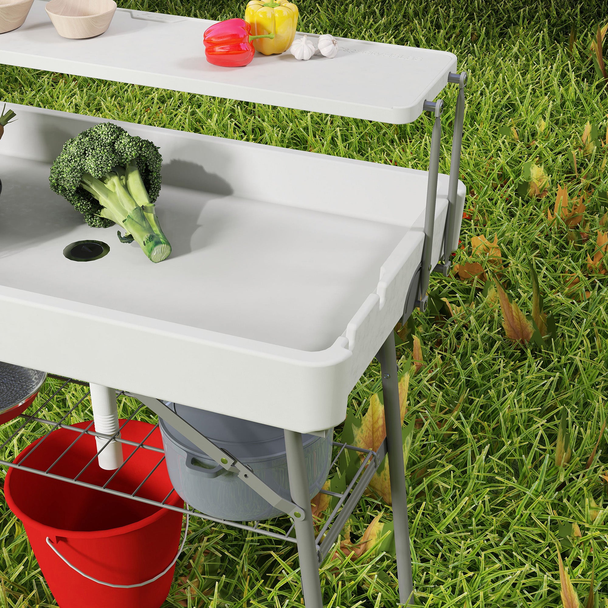 3.5ft Folding Ice Cooler Table with Drain, 2-Tier Outdoor Patio Party Cooler, Fishing Cleaning Table with Storage Shelf for Picnic BBQ Camping Wedding, White Picnic Tables & Camping Chairs at Gallery Canada
