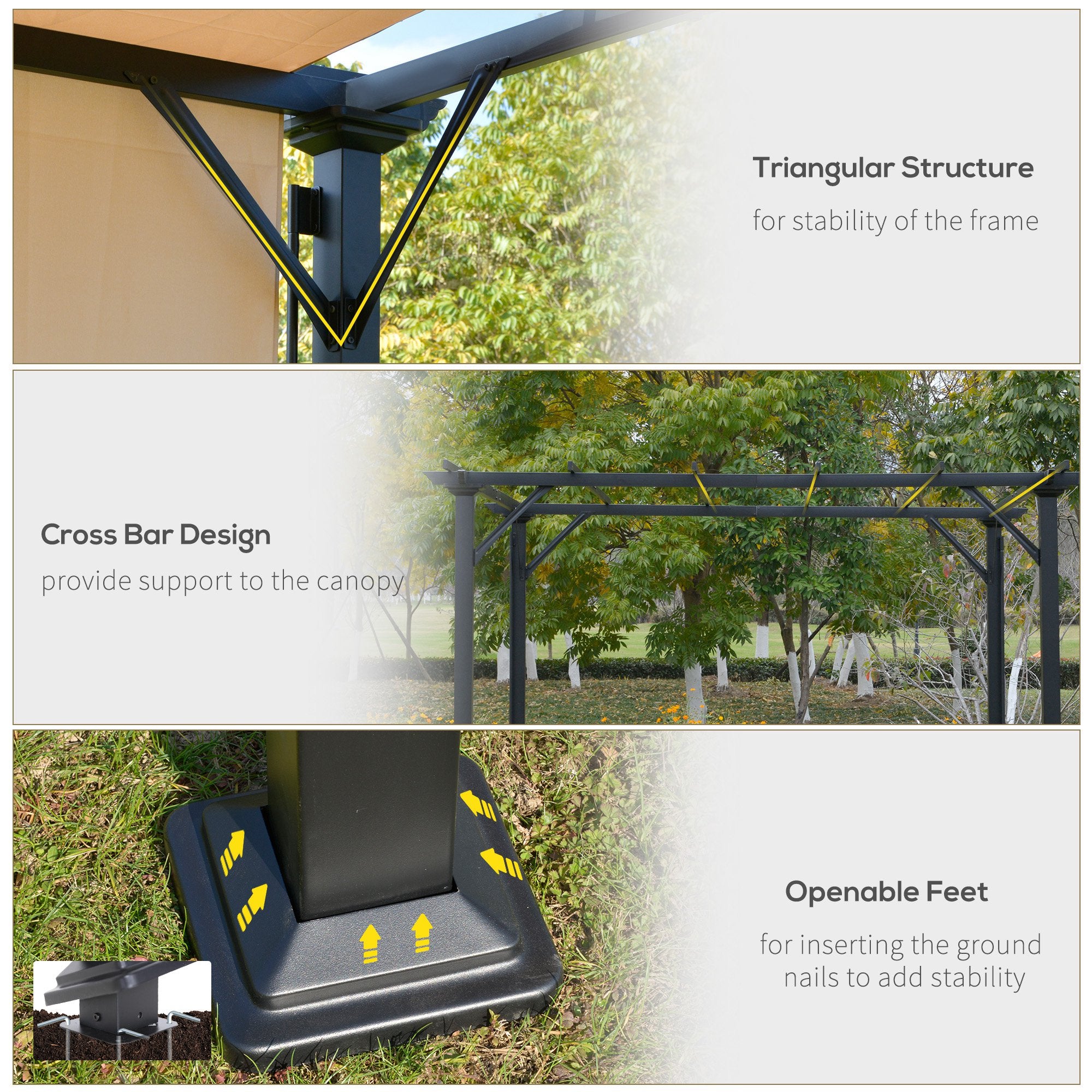 12' x 10' Outdoor Patio Gazebo Pergola with Retractable Canopy Roof, Steel Frame with Stakes, Unique Design, Beige Pergolas at Gallery Canada