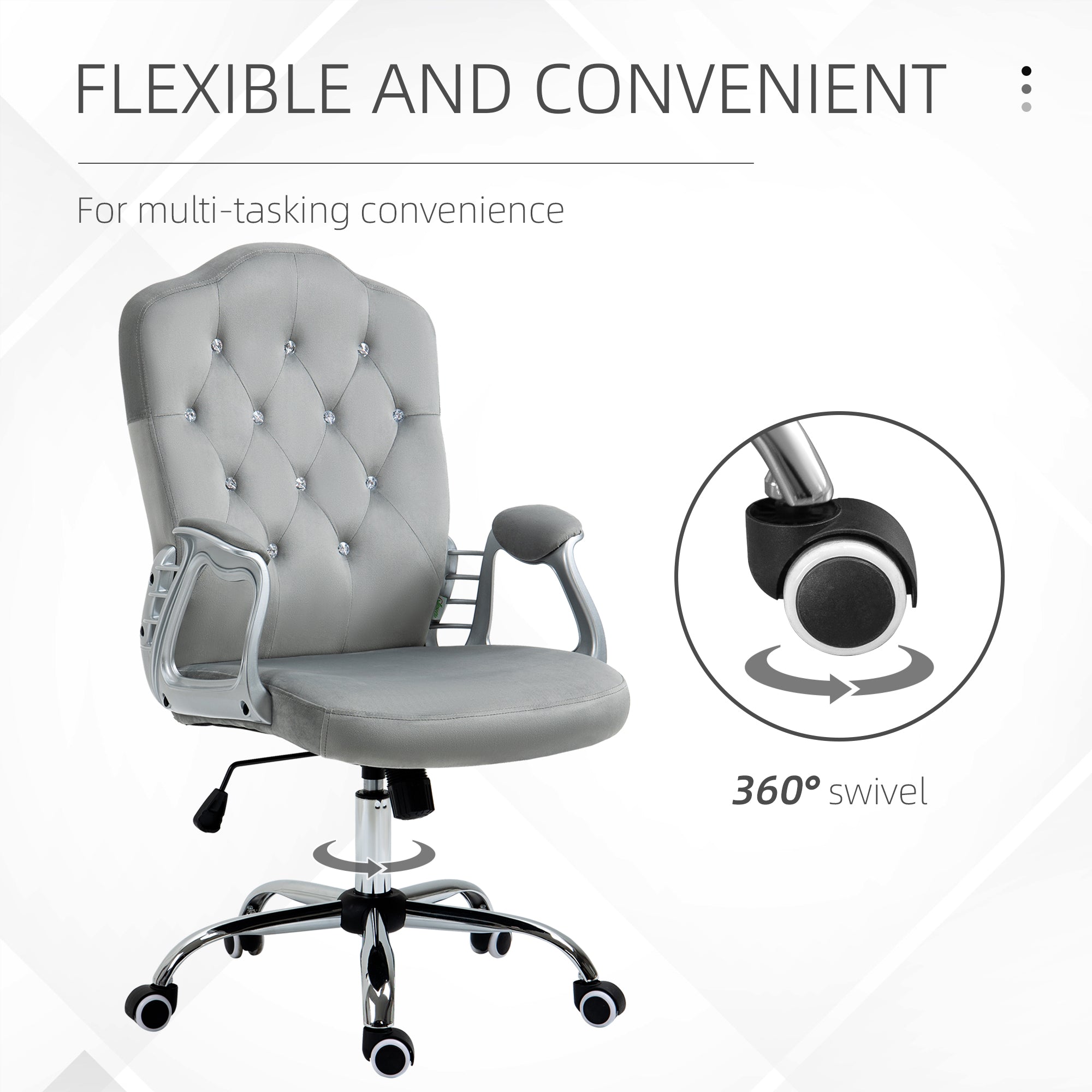 Office Chair, Velvet Computer Chair, Button Tufted Desk Chair with Swivel Wheels, Adjustable Height, Tilt Function, Grey Executive & Manager Chairs   at Gallery Canada