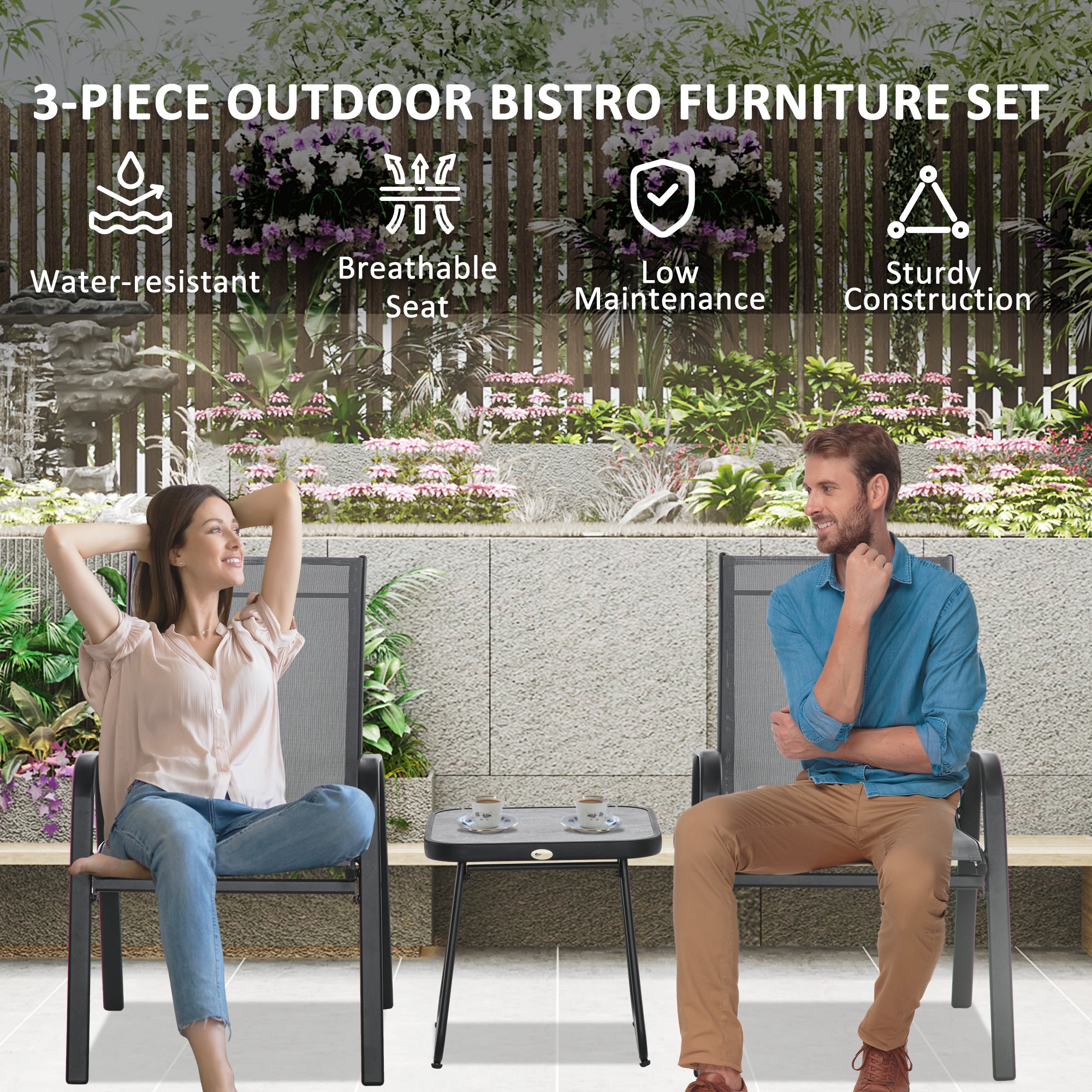 Outdoor Bistro Set of 3, 3-Piece Patio Set with Breathable Mesh Fabric, Stackable Chairs and Square Table, Light Grey Bistro Sets at Gallery Canada