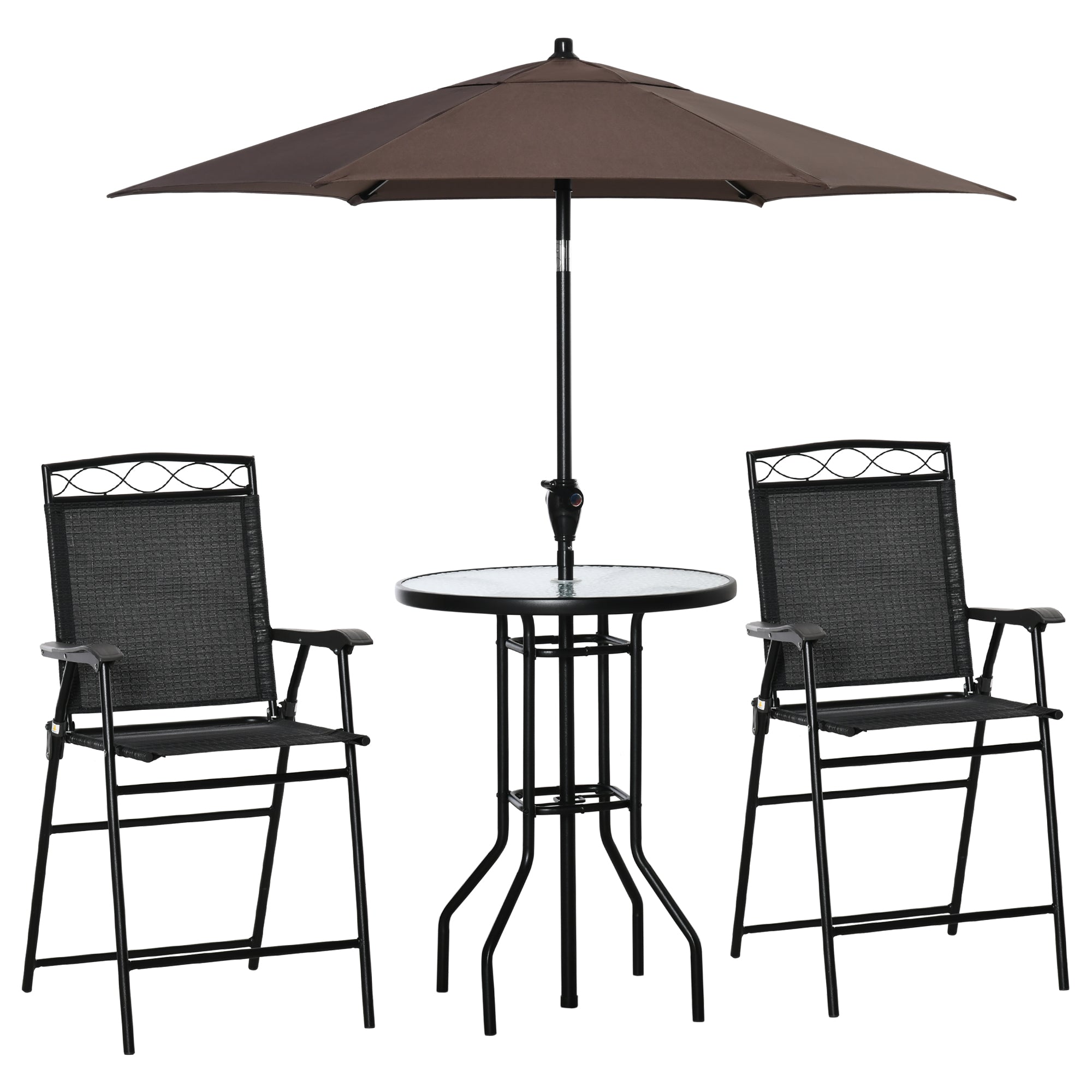 4 Piece Patio Bar Set, Sling Folding Outdoor Furniture with Brown Umbrella for Poolside, Backyard and Garden, Black Bistro Sets Black, Brown at Gallery Canada