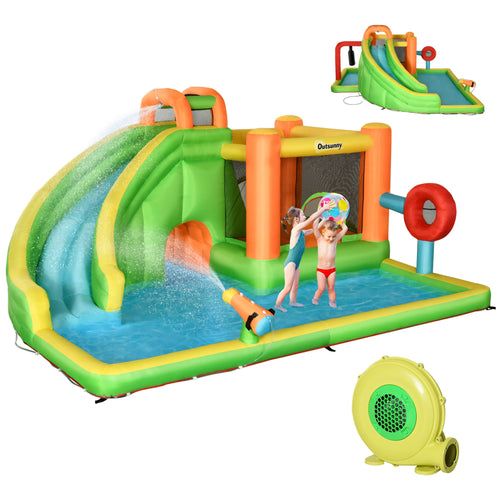 Extra Large 8-in-1 Bouncy Castle for Kids, Inflatable Water Slide Bounce House, Includes Slide, Trampoline, Pool, Water Gun, Ball-target, Boxing Post, Tunnel with Carry Bag, 750W Air Blower