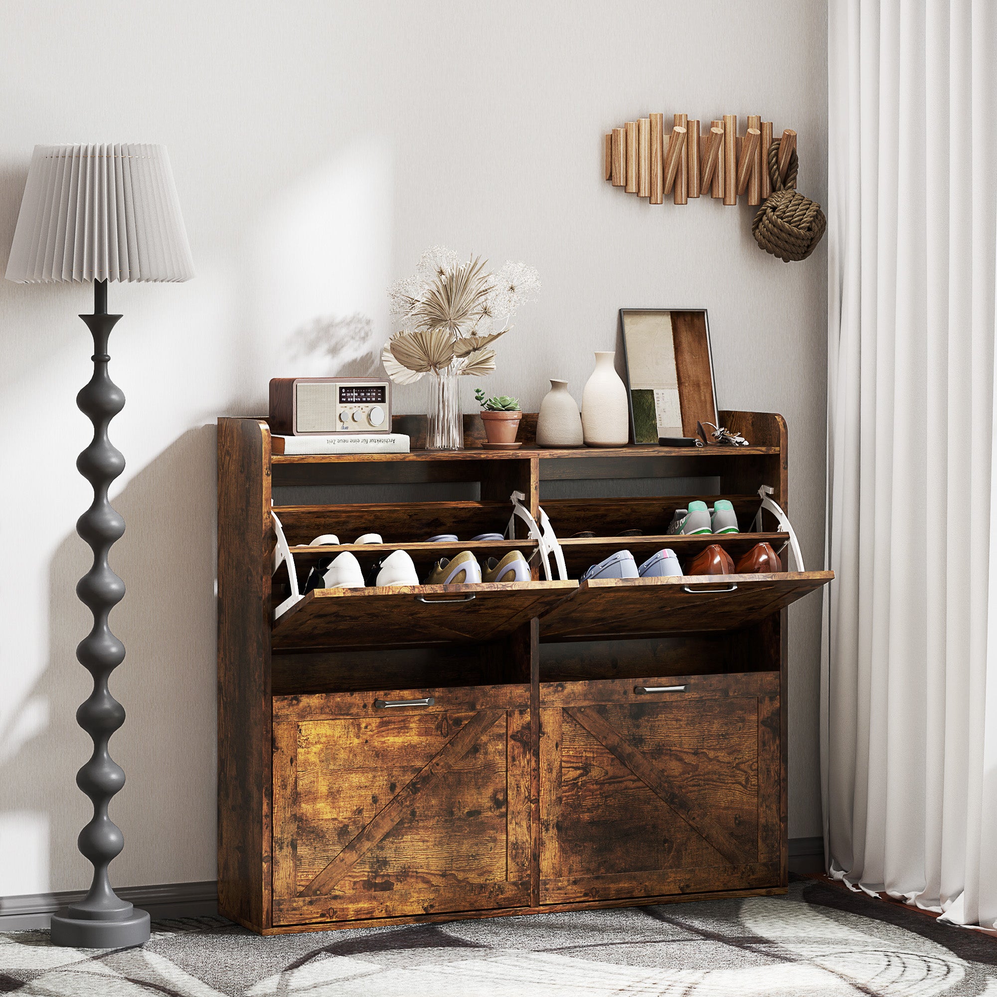 Narrow Shoe Storage Cabinet with 4 Flip Drawers, Adjustable Shelves, 16 Pair Farmhouse Shoe Cabinet, Rustic Brown Shoe Storage Cabinets & Racks Rustic Brown at Gallery Canada