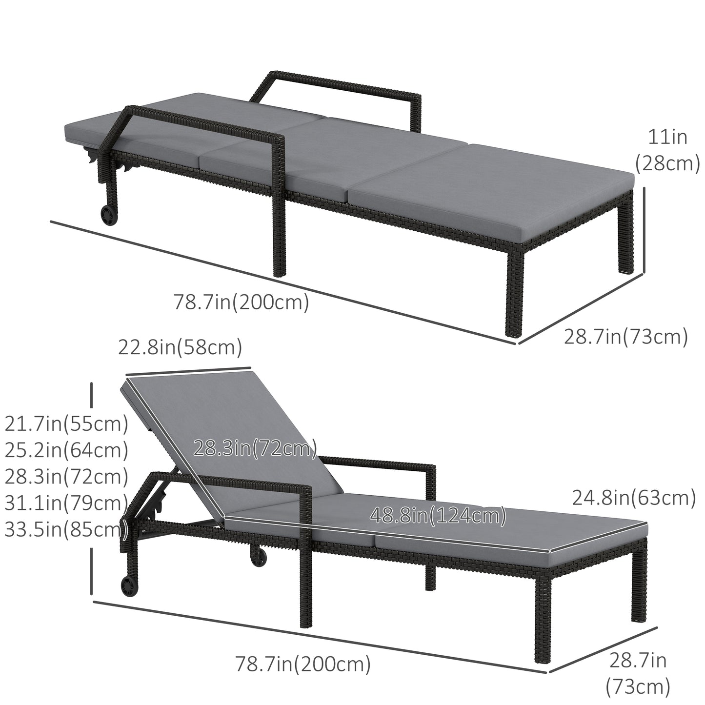 Wicker Chaise Lounger with 5-Level Adjustable Backrest, Light Grey Chaise Loungers   at Gallery Canada