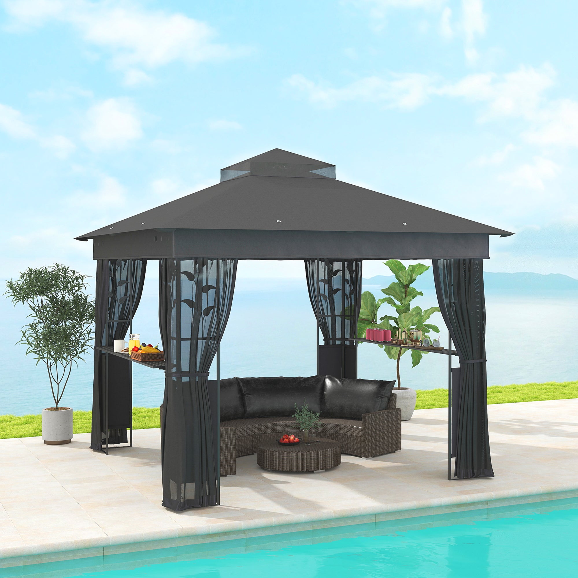 10' x 10' Outdoor Gazebo with Shelves and Netting, UV30+ Double Roof Patio Gazebo for Lawn, Backyard and Deck Gazebos Dark Grey at Gallery Canada