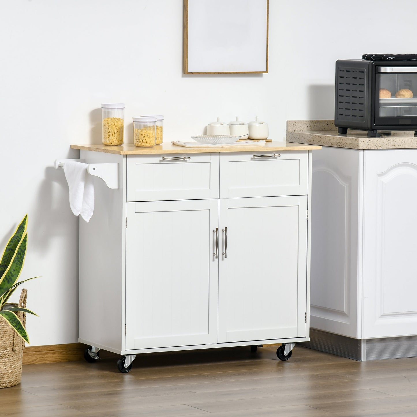 Rolling Kitchen Island with Storage Drawers, Kitchen Cart with Rubber Wood Top, Cabinet &; Towel Rack, White Kitchen Islands & Kitchen Carts   at Gallery Canada