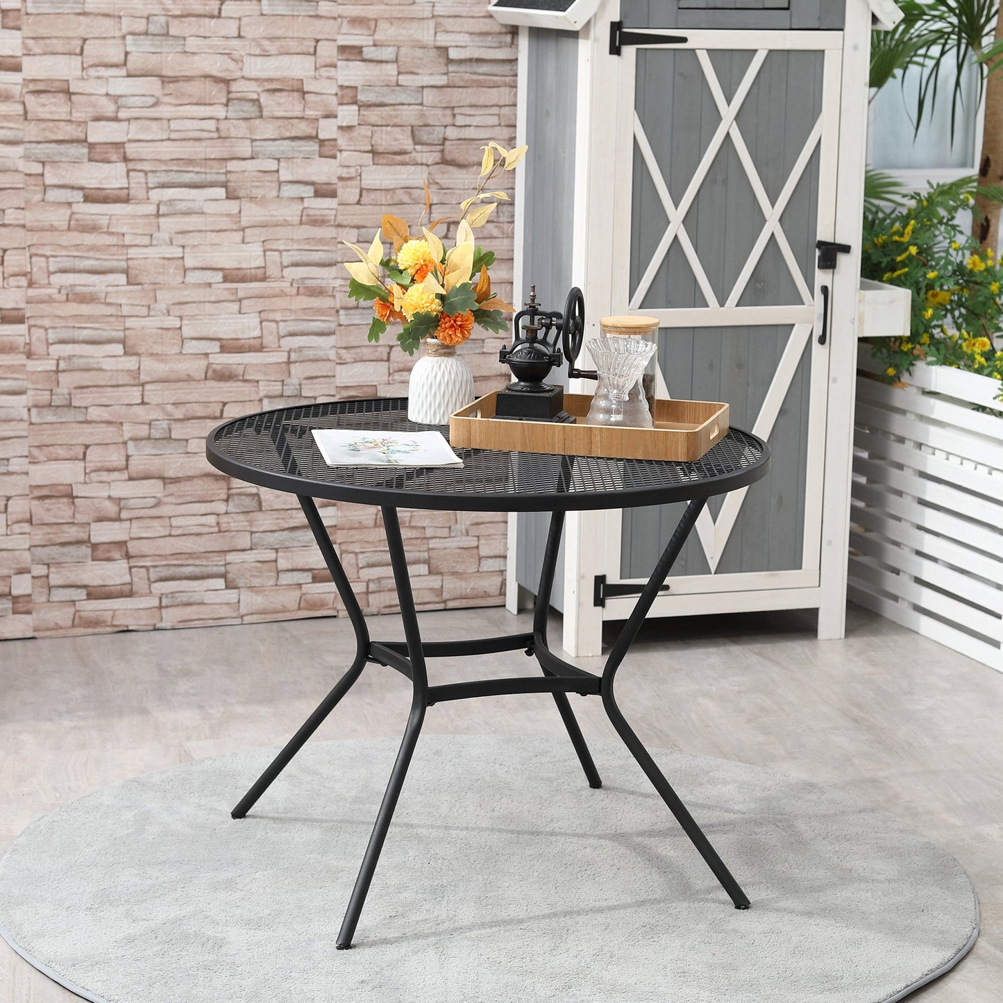 35" Round Patio Dining Table Steel Outside Table with Mesh Tabletop for Garden Backyard Poolside, Black Patio Side Tables   at Gallery Canada