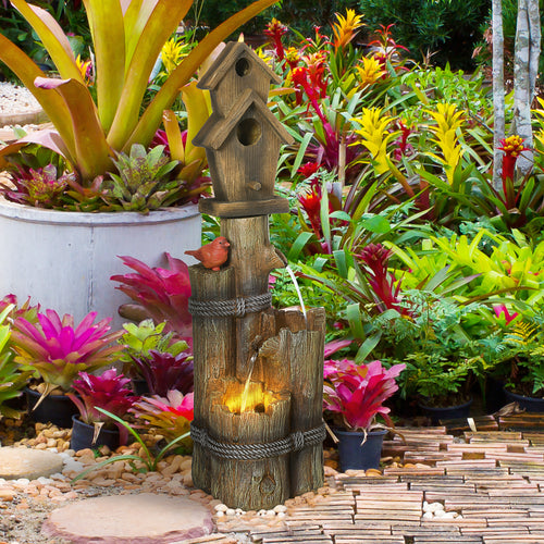 Outdoor Fountain, Garden Waterfall with Birdhouse, 3-Tier Tree Trunk Design, LED Lights for Porch, Deck, Yard, Brown