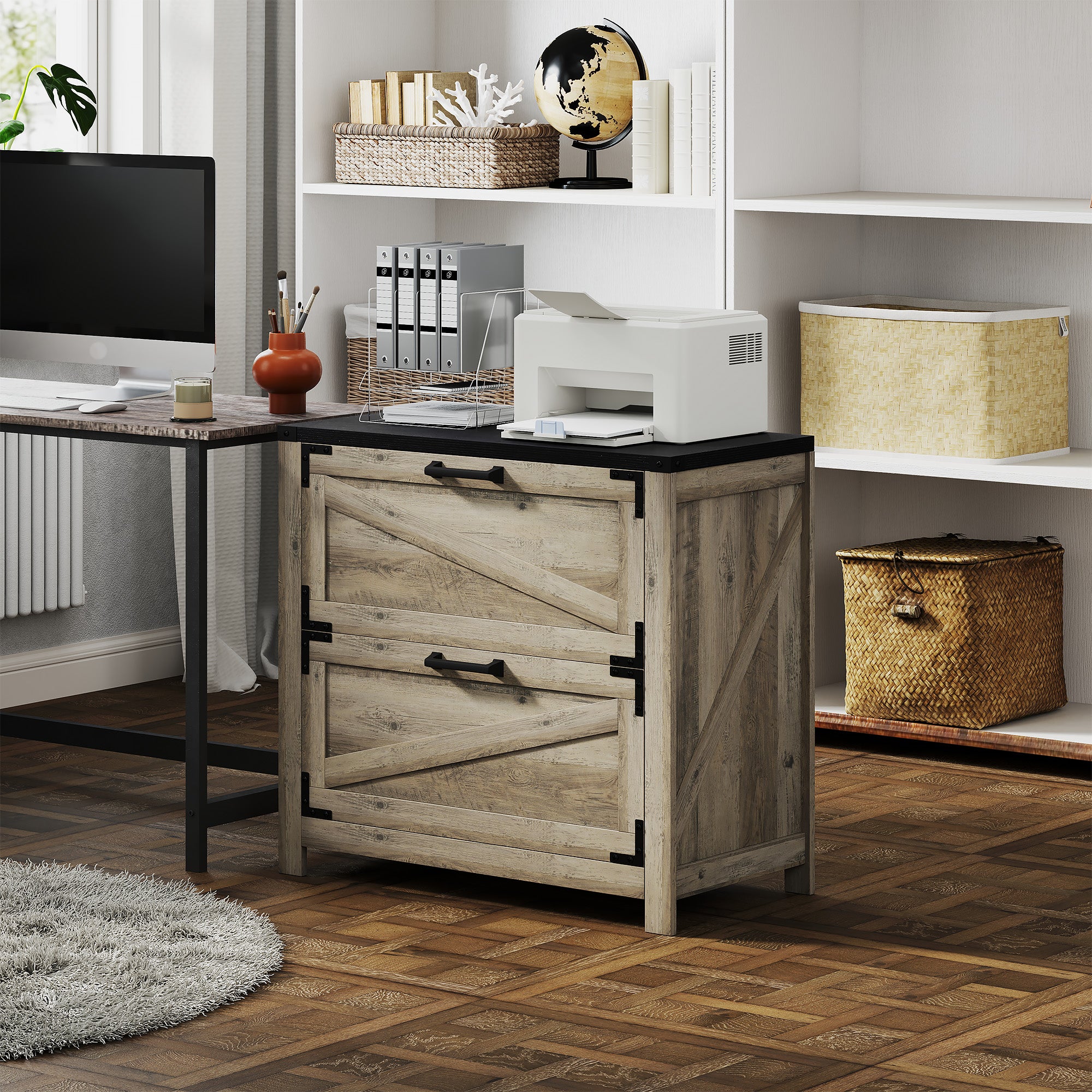 2 Drawer Filing Cabinet, Farmhouse Office Storage Cabinet with Adjustable Hanging Bars for Letter, A4, Legal Size, Grey Office Cabinets & Cupboards at Gallery Canada