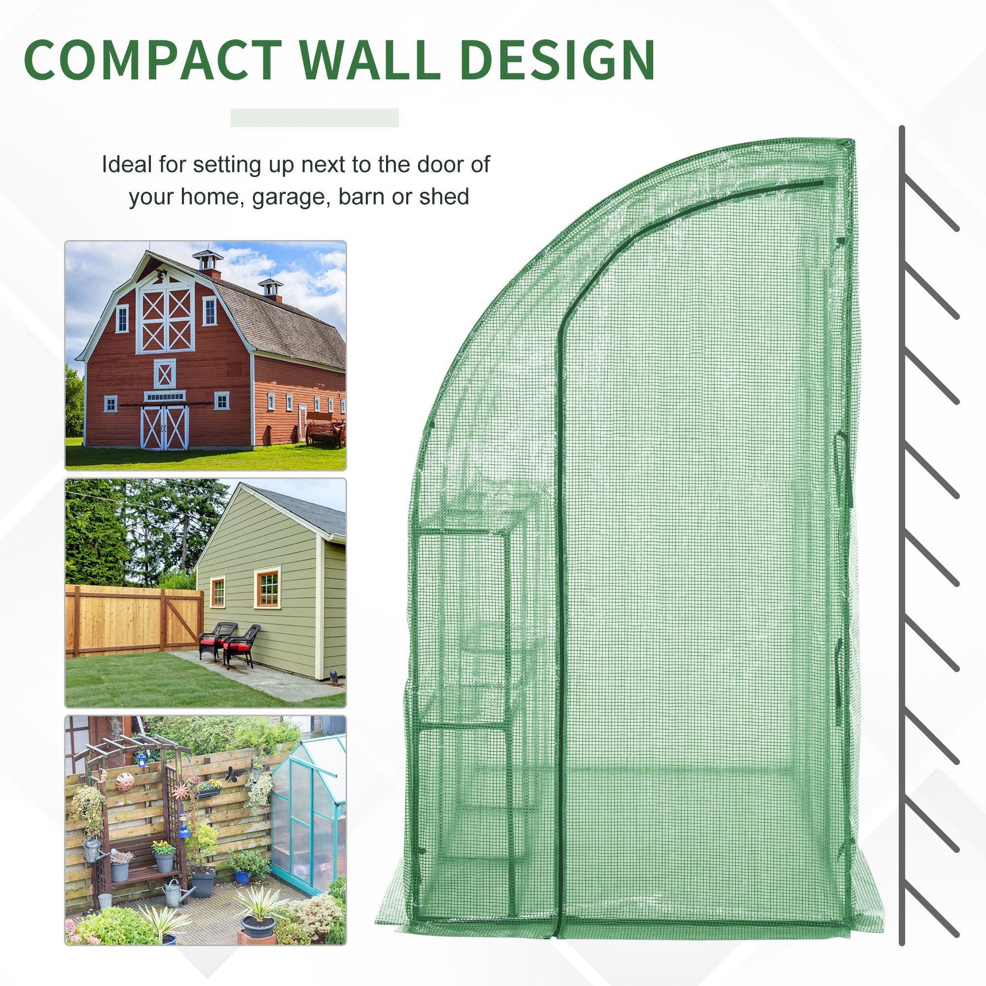 7' x 4' x 7' Outdoor Lean-to Walk-in Garden Greenhouse with Roll-Up Door Hot House for Plants Herbs Vegetables, Green Walk In Greenhouses   at Gallery Canada