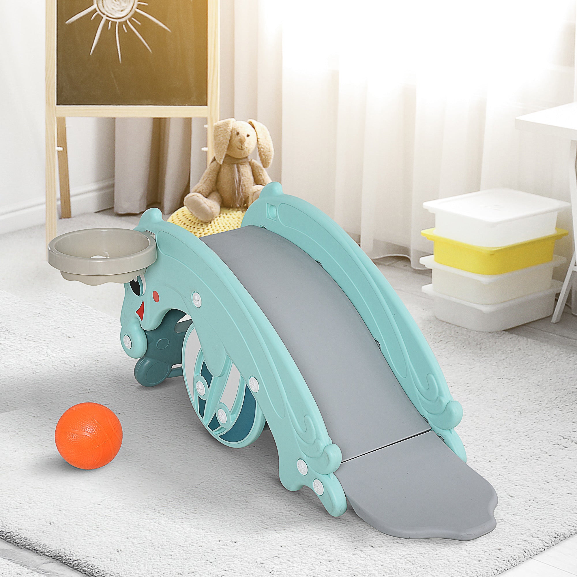 Dual-Use 3-in-1 Kids Slide & Rocking Horse with Basketball Hoop, Green Rocking Horses   at Gallery Canada