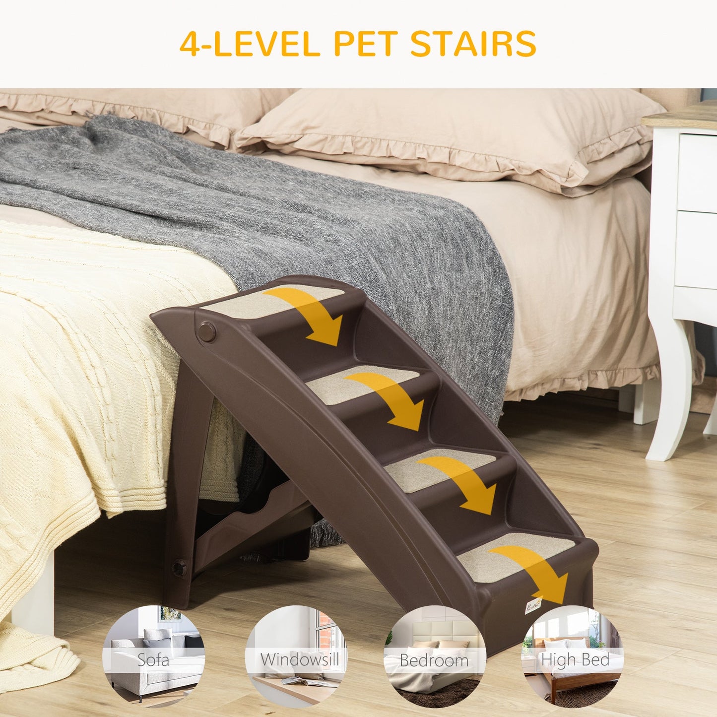 4-Level Portable Pet Stairs, Foldable Dog Ramp, Lightweight Cat Steps, with Nonslip Soft Mats, for High Bed, Sofa, Up to 44 lbs, Dark Brown Dog Stairs   at Gallery Canada