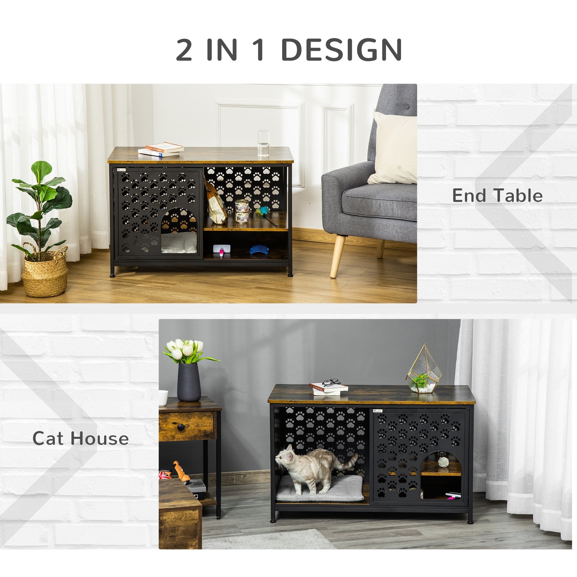 Wooden Cat House End Table Furniture Style Kitty Shelter Bed with Washable Cushion Hideaway Cabinet with Storage Shelf Rustic Brown Cat Houses   at Gallery Canada