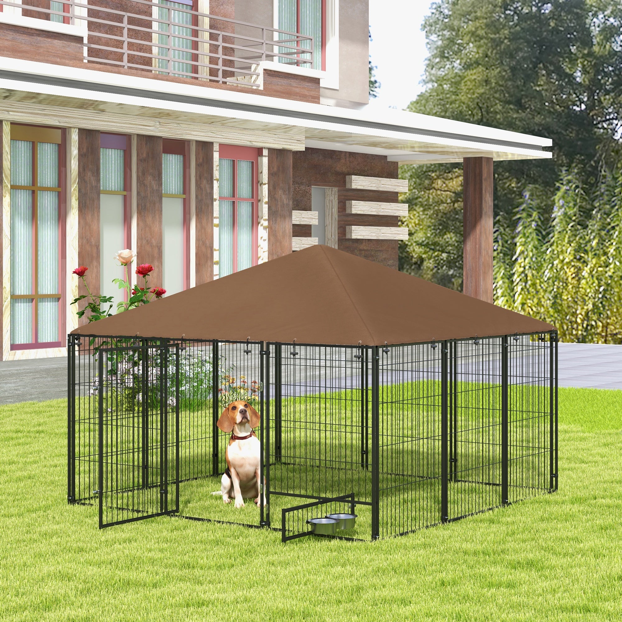 6.9' x 6.9' x 5' Outdoor Dog Kennel with Canopy, Rotating Bowls, Coffee Houses, Kennels & Pens   at Gallery Canada