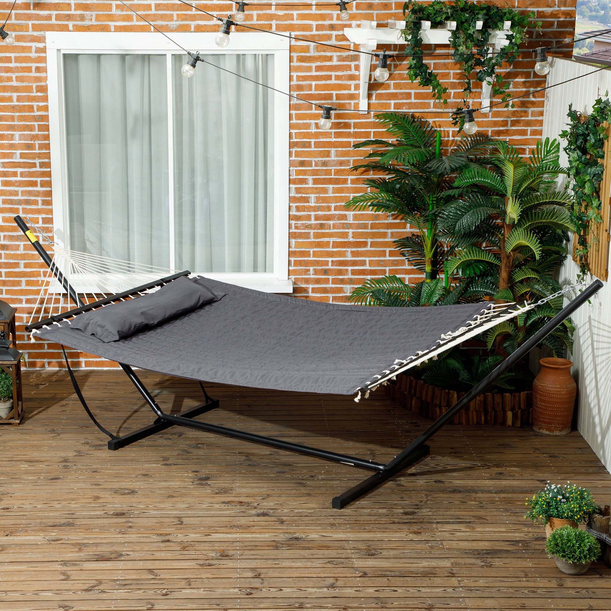 2 Person Hammock Quilted Double Hammock with Stand Pillow Spreader Bars for Outdoor Camping Beach, Dark Grey Camping Hammocks Dark Grey at Gallery Canada