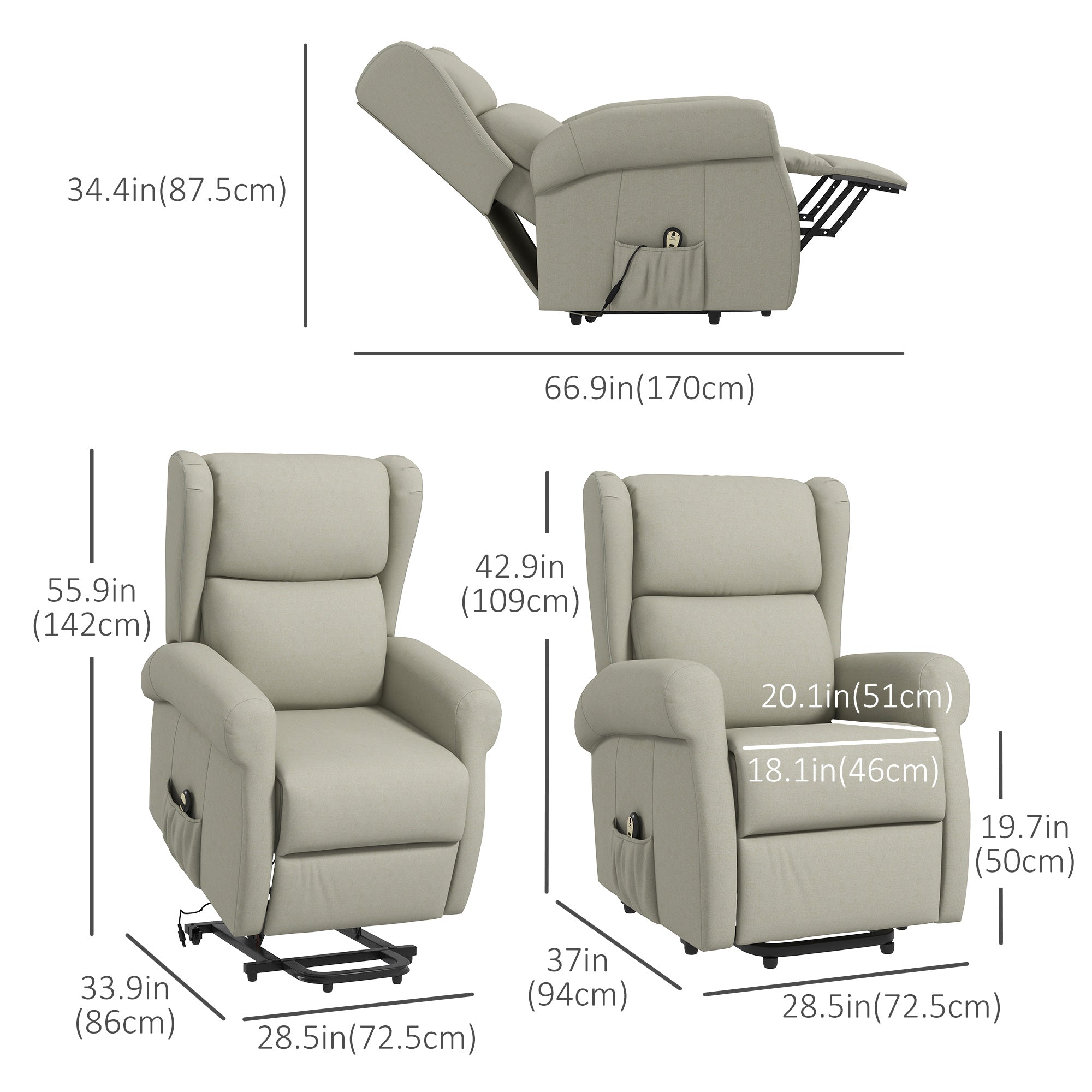 Wingback Lift Chair for Elderly, Power Chair Recliner with Footrest, Remote Control, Side Pockets, Cream White Electric Power Lift Chairs at Gallery Canada