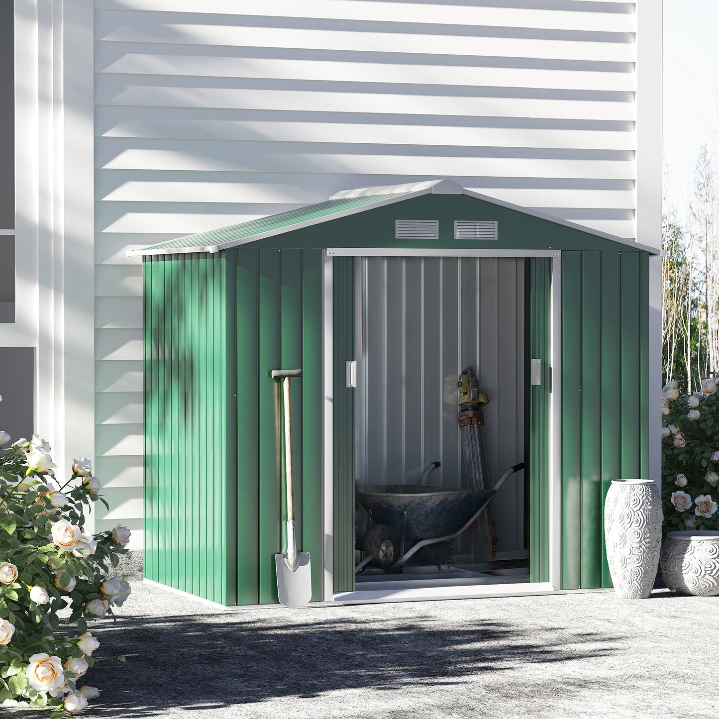 7' x 4.3' x 6.1' Garden Shed Outdoor Patio Yard Metal Tool Storage House w/ Floor Foundation and Double Doors Green Sheds   at Gallery Canada