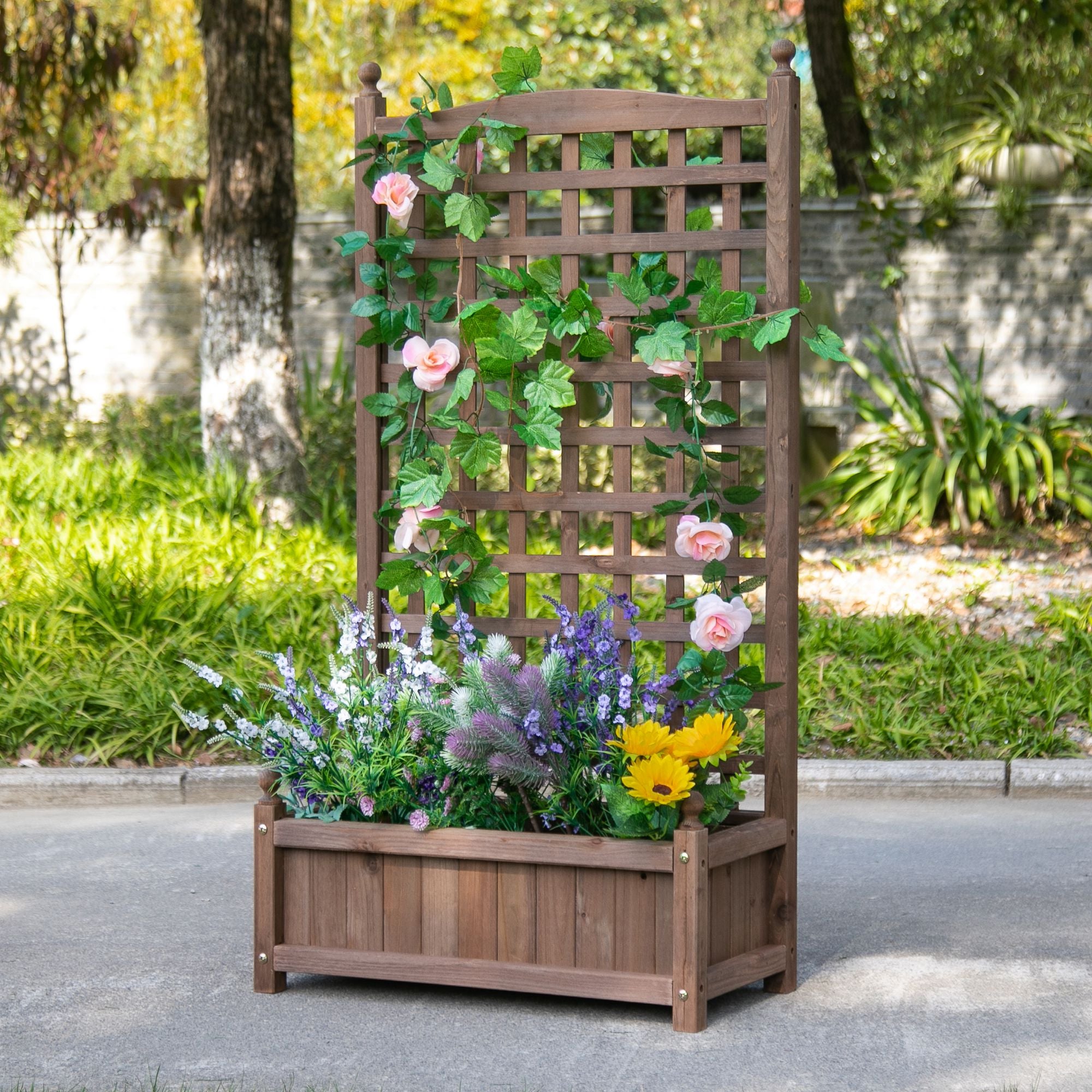 Raised Garden Bed with Trellis, Wood Planter Box for Garden, Free Standing Flower Bed, 25.2