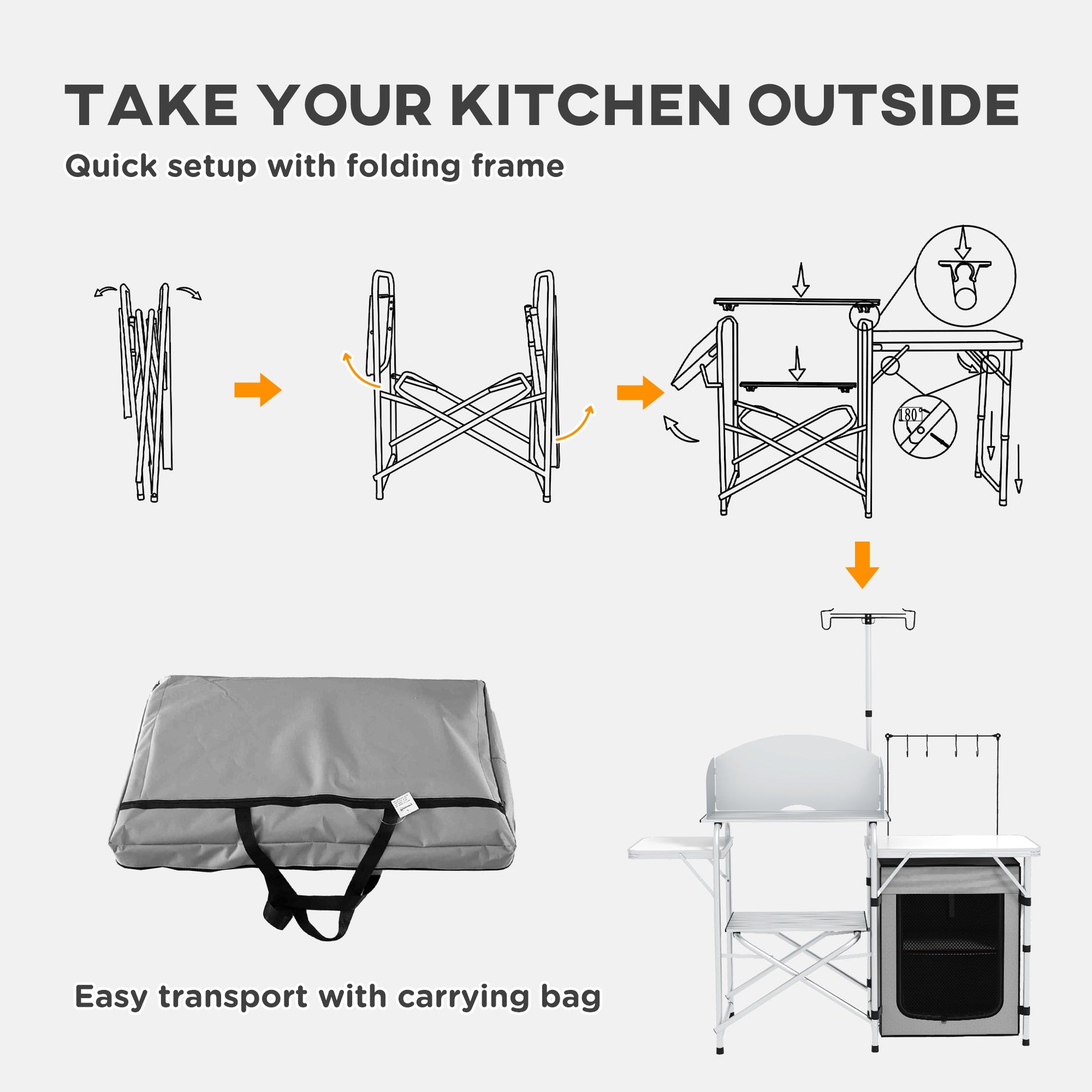 Folding Camping Table with Storage Organizer Aluminum Portable Camping Kitchen with Windshield Light Stand Bag Silver - Gallery Canada