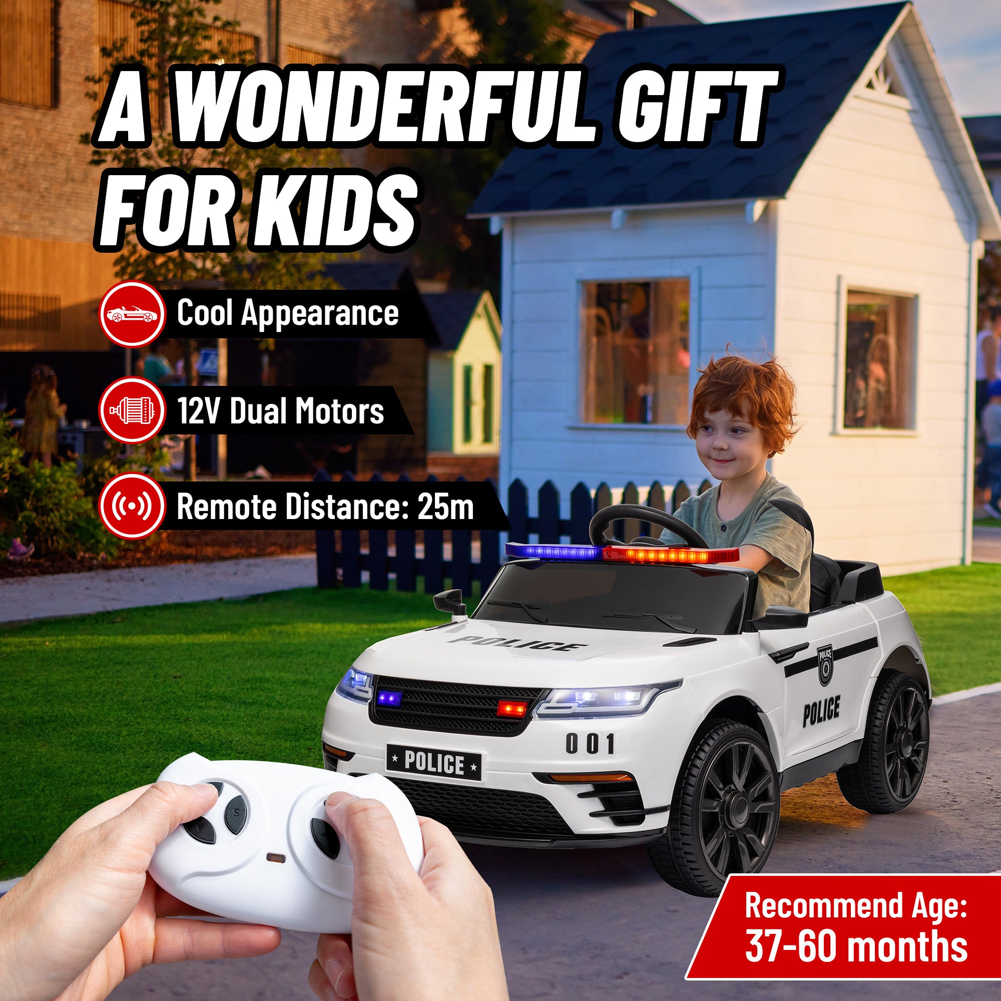 12V Kids Electric Police Car w/ Remote Control, Spring Suspension, Training Wheel, Siren, Music, Light, Horn, White Electric Toy Cars   at Gallery Canada