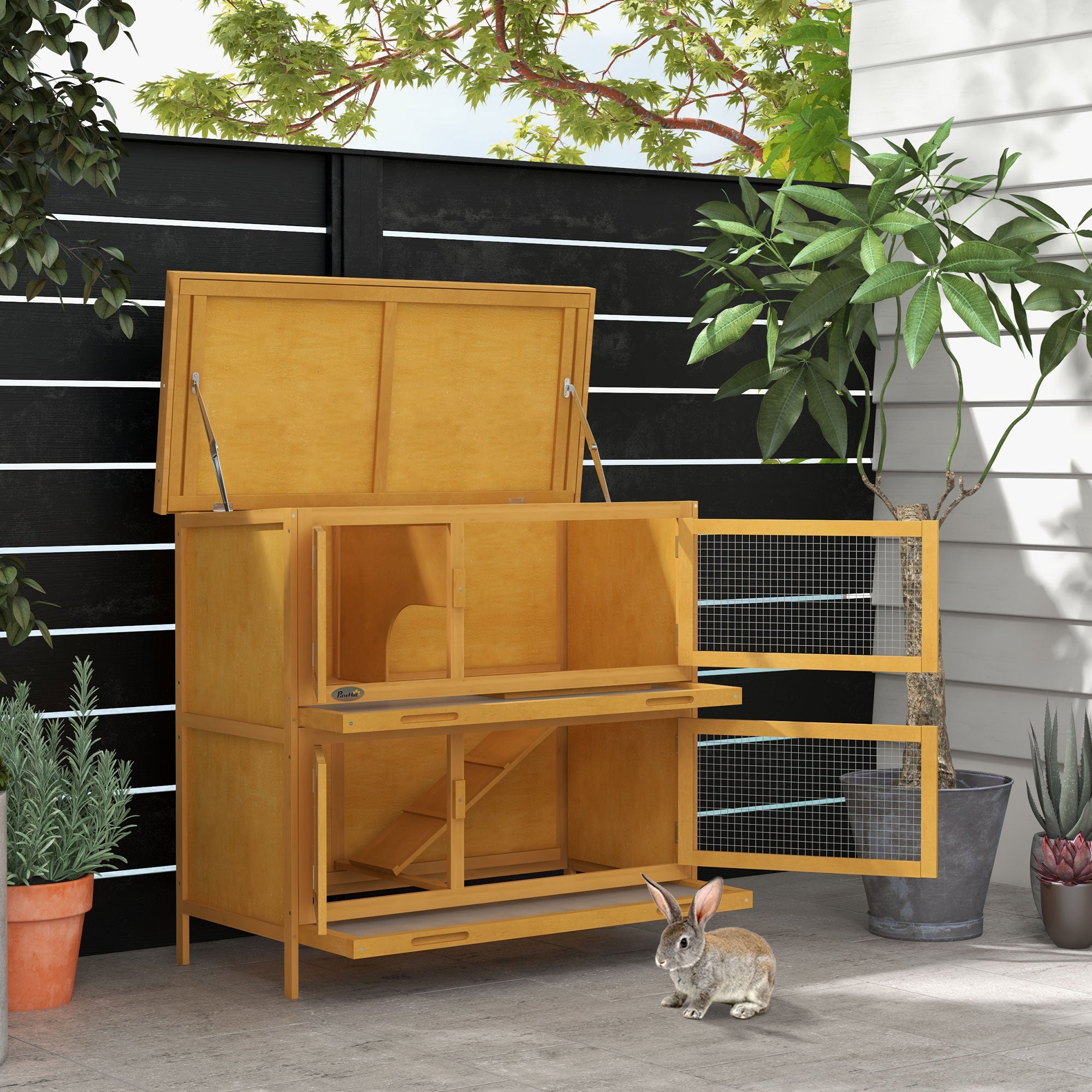Wood Rabbit Hutch with 2 Large Main House, Ramp, Trays, Yellow Rabbit Hutch at Gallery Canada