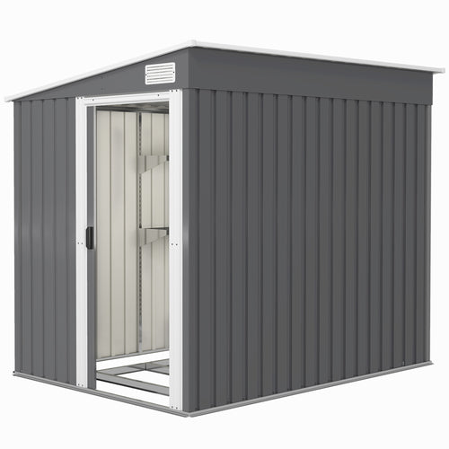 5'x7' Lean to Galvanized Metal Shed with Foundation, Garden Tool Storage House with Sliding Door and 2 Vents, Dark Grey