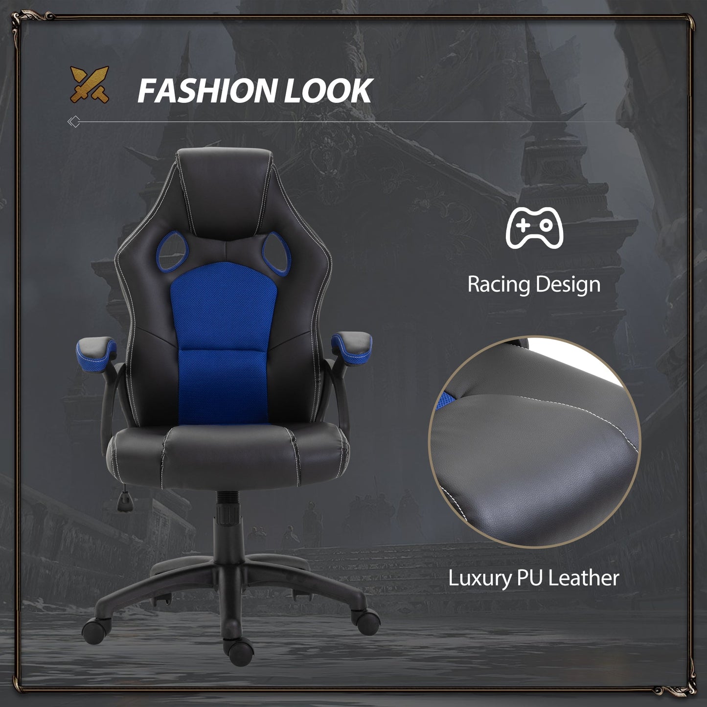 PU Leather Gaming Chair High Back Office Chair with Adjustable Height, Computer Gamer Chair, Blue Video Game Chairs   at Gallery Canada