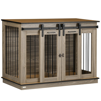 Wooden Dog Crate Furniture with Divider, TV Stand, 2 Rooms, Sliding Doors, Oak Houses, Kennels & Pens Oak  at Gallery Canada