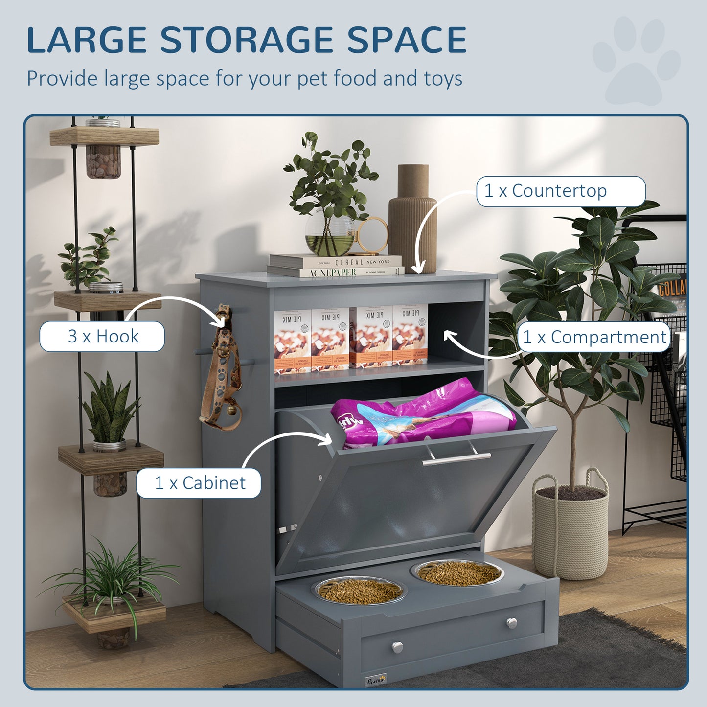 Pet Feeder Station Storage Cabinet, Dog Food Storage Container with Dog Raised Bowls, Watering Supplies, Grey Dog Bowls   at Gallery Canada