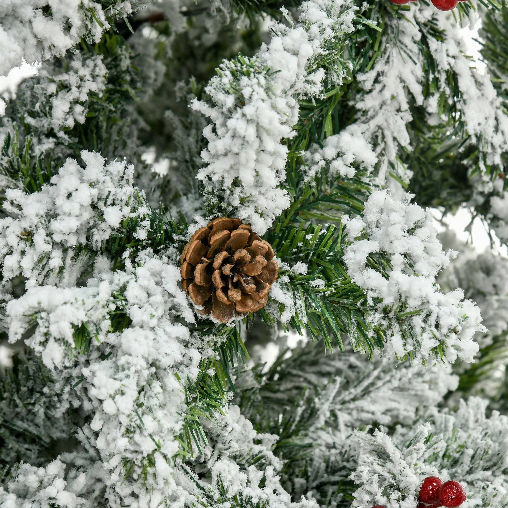 9-foot Pencil Snow Flocked Artificial Christmas Tree with 1350 Pine Realistic Branches, Pine Cones, Red Berries, Auto Open, Green Pencil Christmas Trees   at Gallery Canada