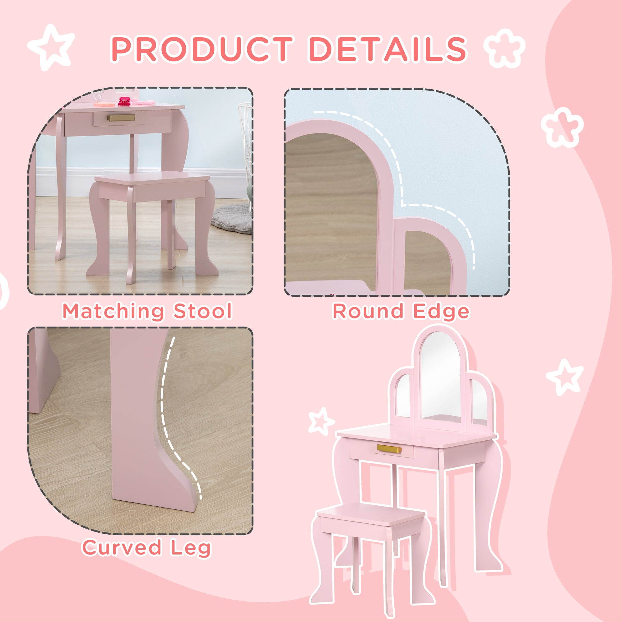 Kids Dressing Table and Chair Set, Girls Dressing Set, Makeup Desk with Drawer for 3-6 Years Old Kids, Pink Kids Bedroom Furniture at Gallery Canada