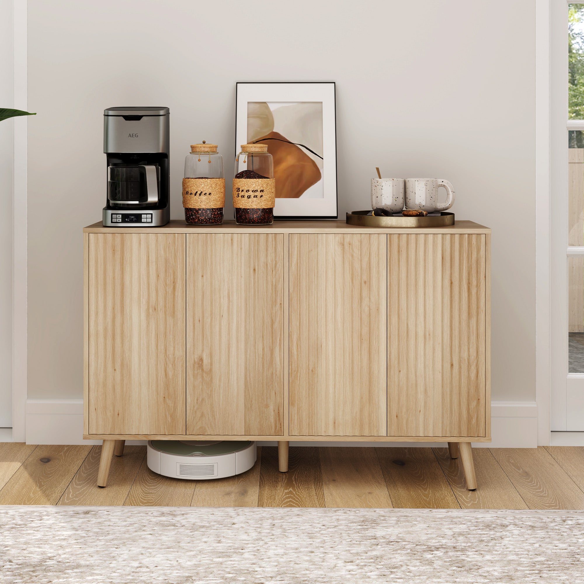 Buffet Cabinet with Storage Modern Fluted Sideboard with Adjustable Shelves Wood Legs for Dining Room Living Room Oak Storage Cabinets at Gallery Canada