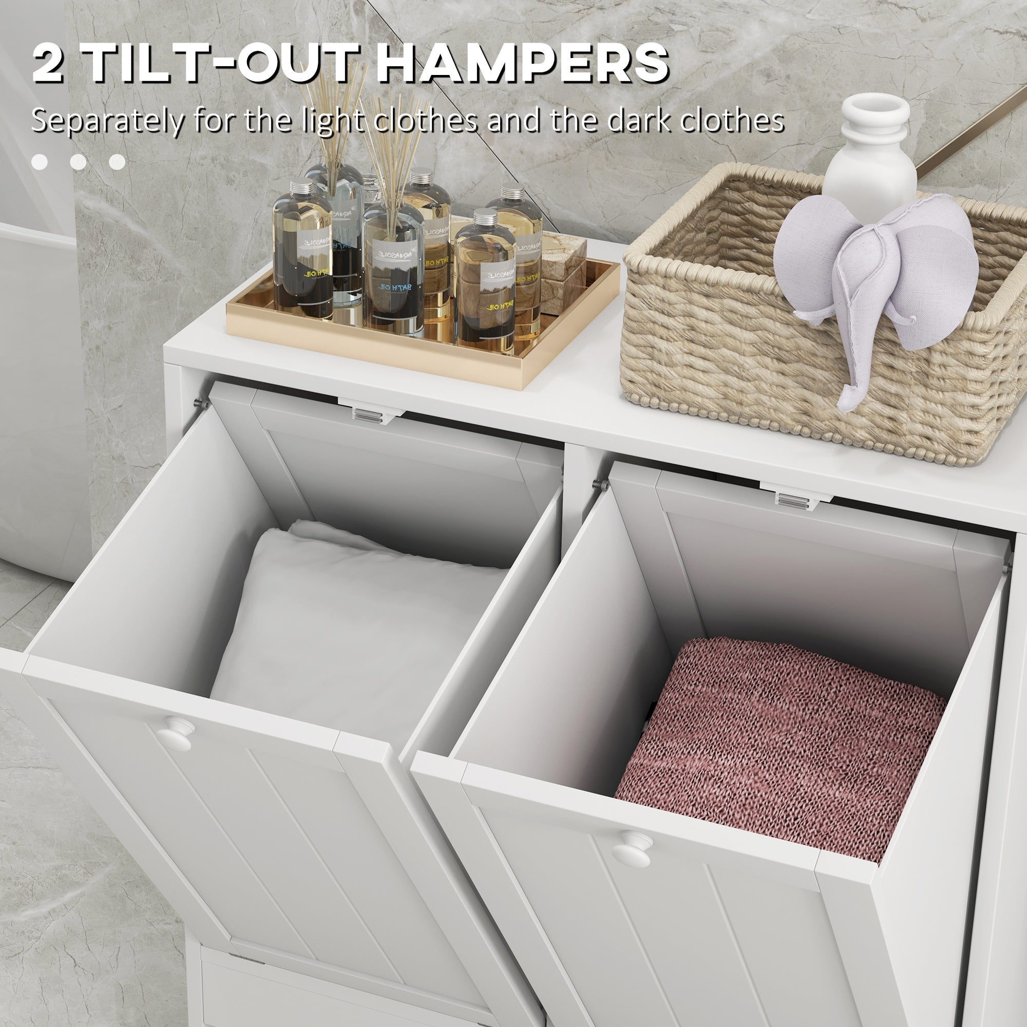 Tilt-Out Laundry Storage Cabinet, Modern Laundry Hamper with 2 Compartments for Bathroom Washroom, White Bathroom Cabinets   at Gallery Canada