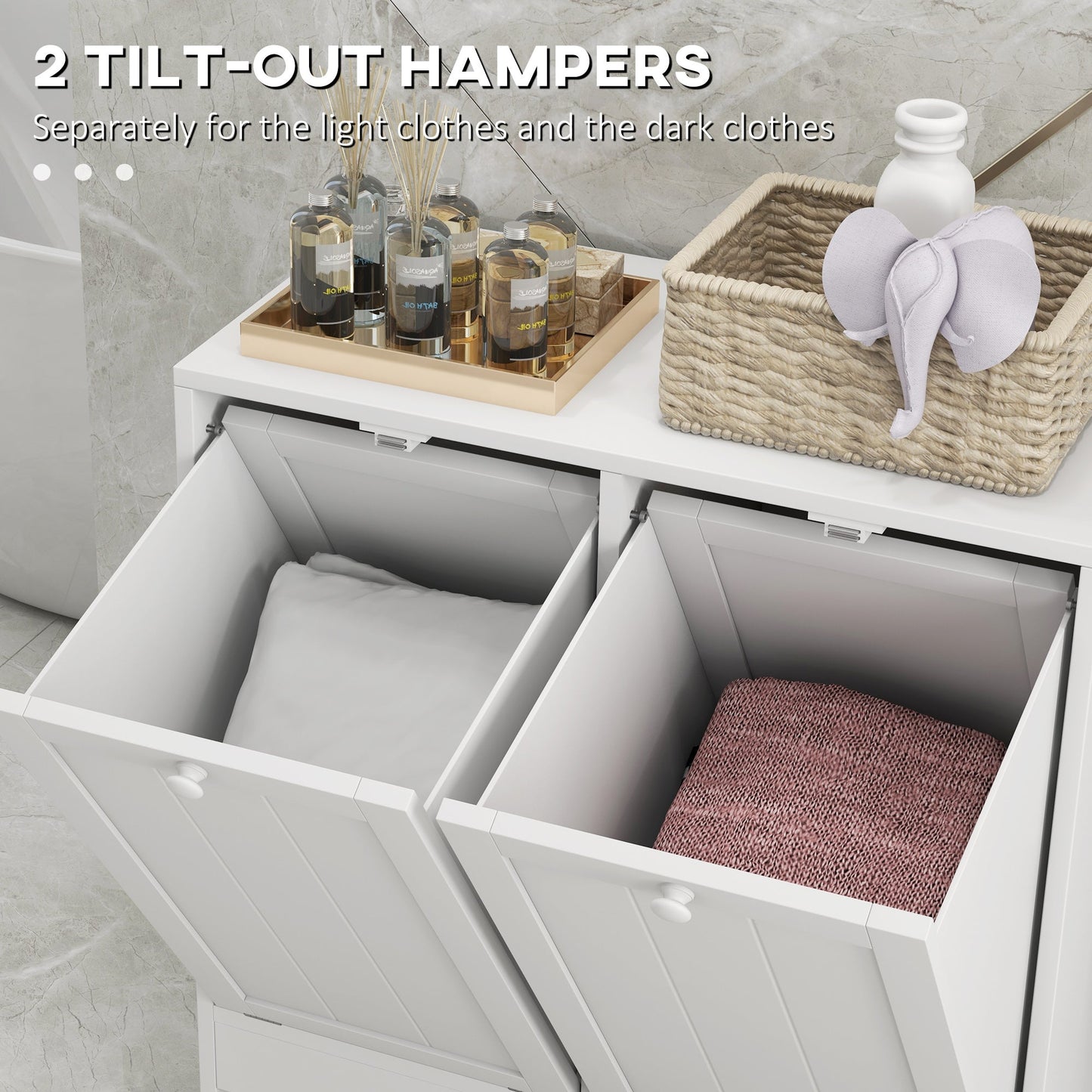 Tilt-Out Laundry Storage Cabinet, Modern Laundry Hamper with 2 Compartments for Bathroom Washroom, White Bathroom Cabinets   at Gallery Canada