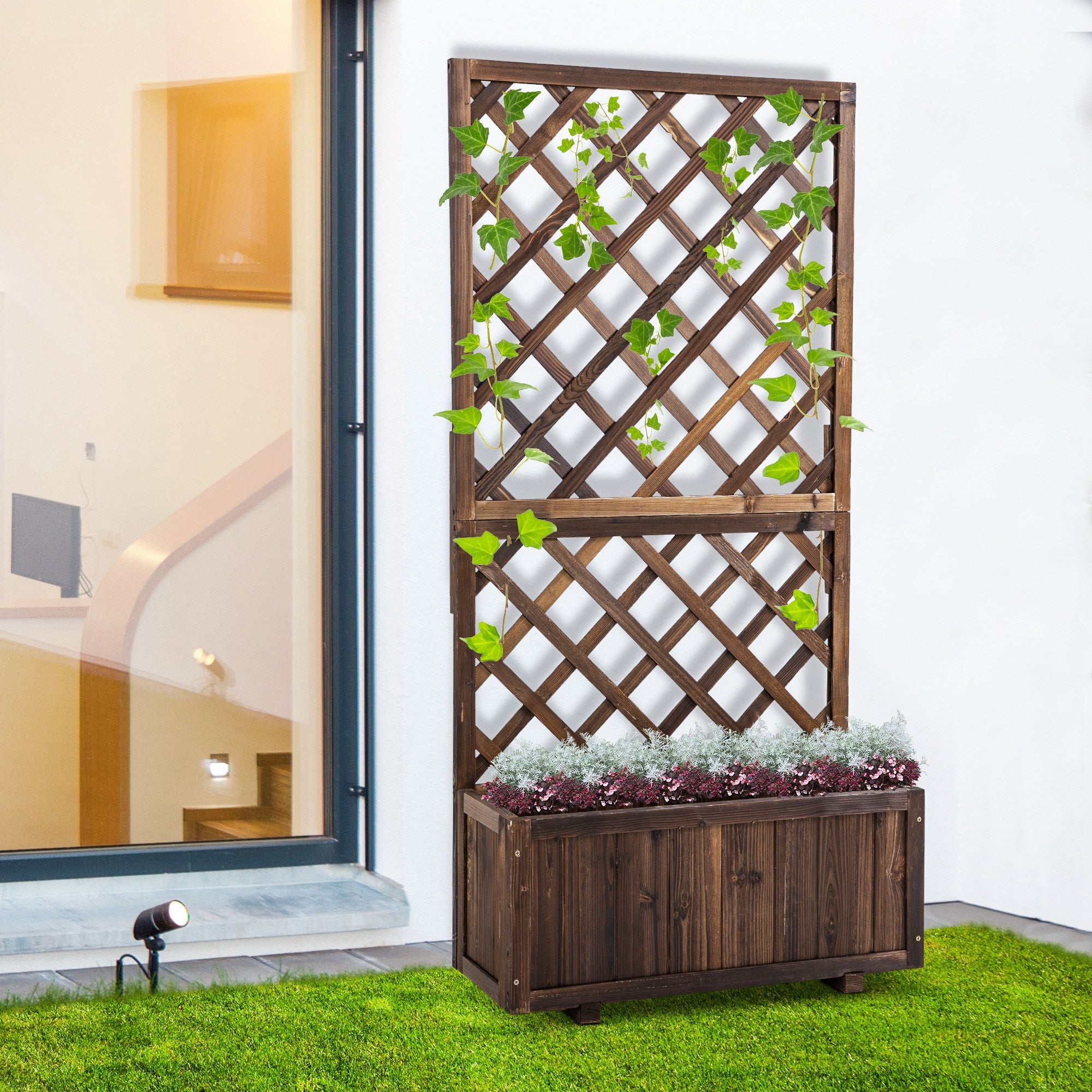 2.4 x 1 x 4.9 ft Garden Wooden Pine Trough Planter with Topped Trellis Climbing Plants Flower Raised Bed, Carbonized Wooden Planter Boxes at Gallery Canada