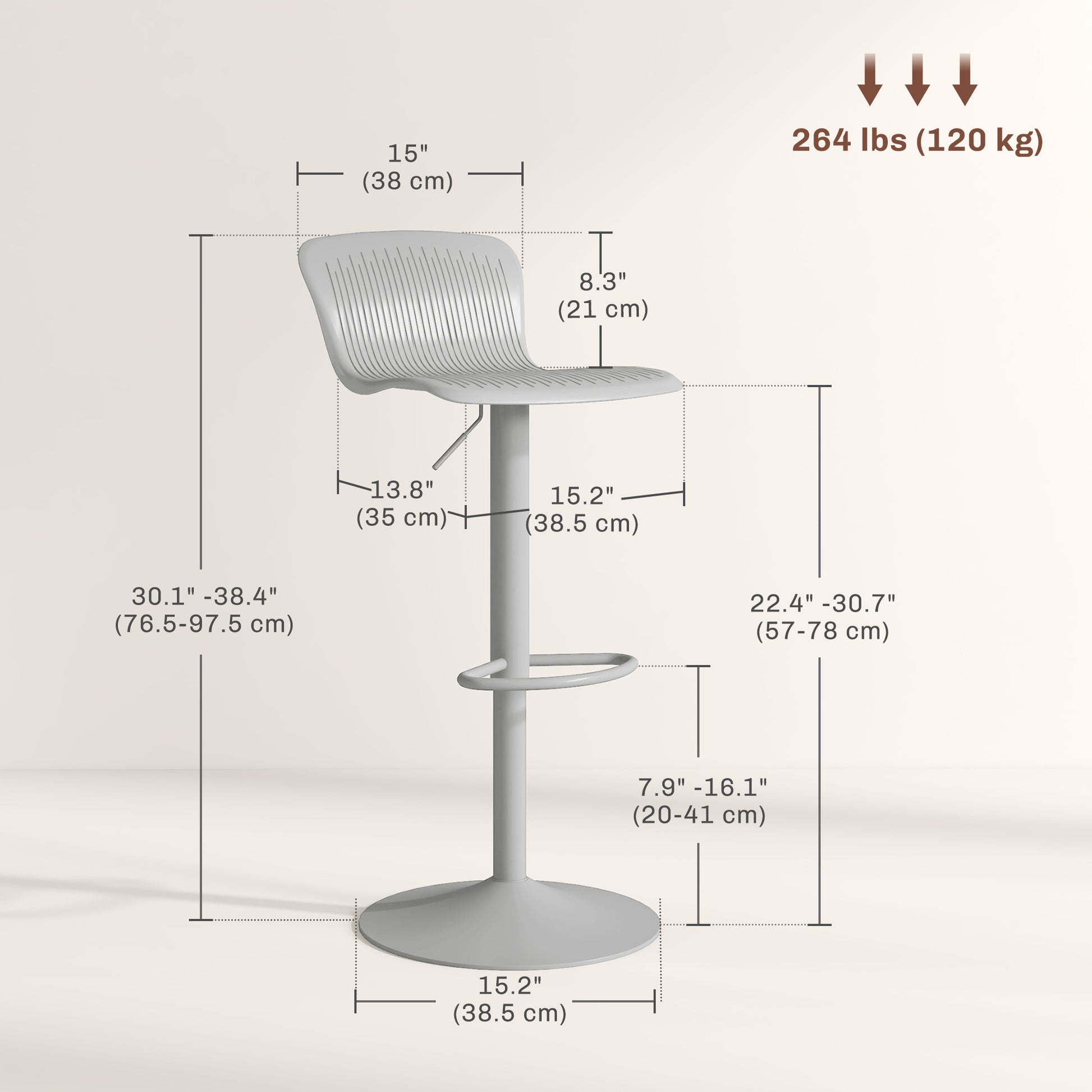 Polypropylene Bar Stools Set of 2, Swivel Barstools with Adjustable Height, Footrest and Backrest, Grey Bar Stools   at Gallery Canada