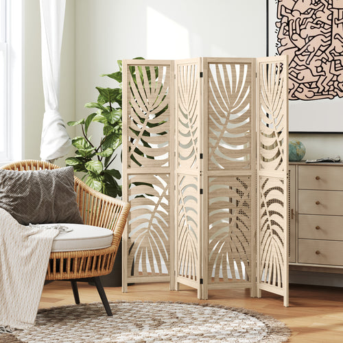 4 Panel Room Divider, Detachable Folding Privacy Screens with Palm Leaf Design for Home Office, Natural Wood Finish