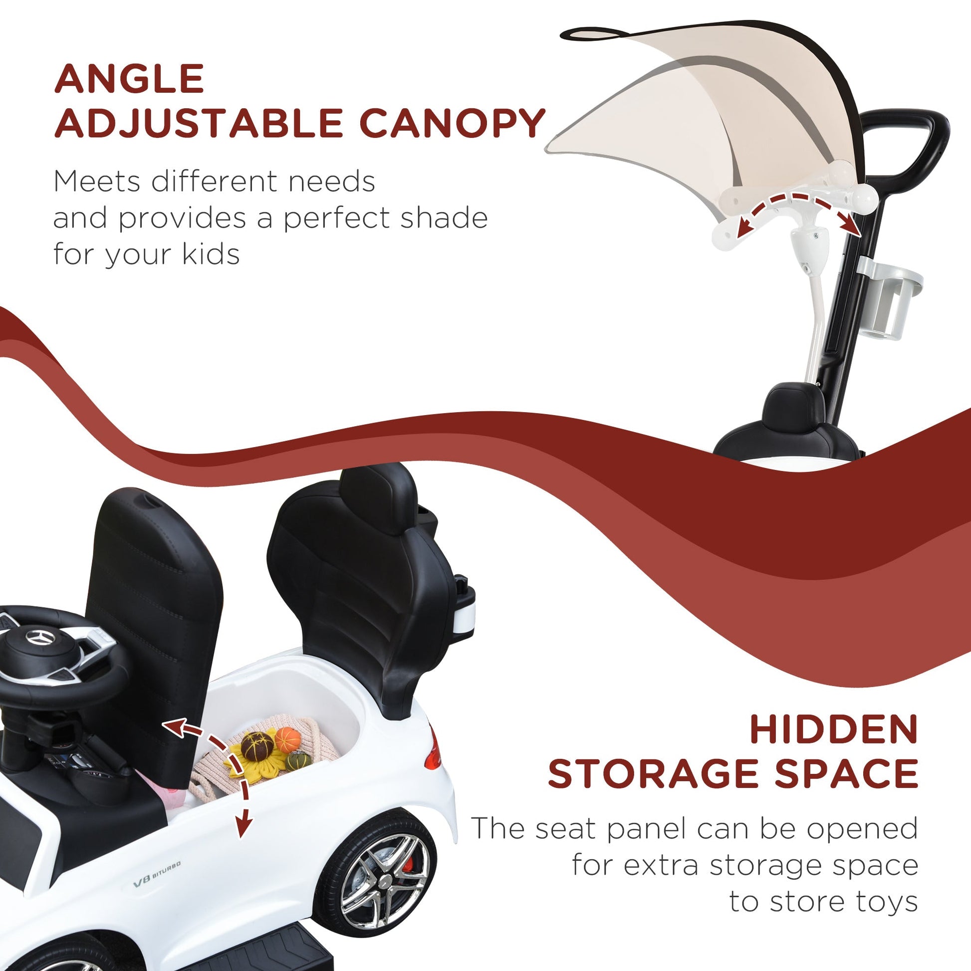 AMG C63 2-in-1 Push Car for Toddlers with Canopy, Horn, Safety Bar, White Push Cars for Toddlers   at Gallery Canada