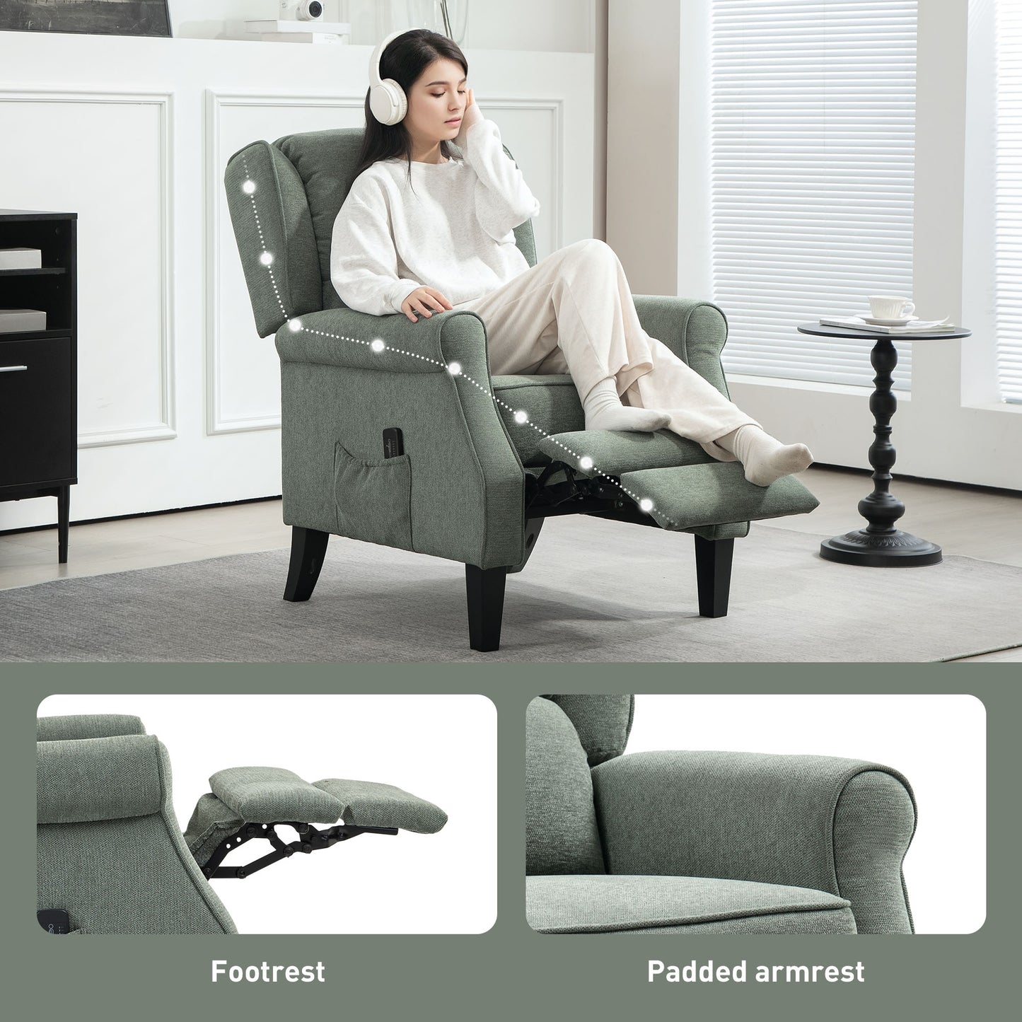 Push Back Recliner Chair, Vibration Massage Recliner for Living Room with Extendable Footrest, Remote, Dark Green Sofas & Reclining Chairs at Gallery Canada