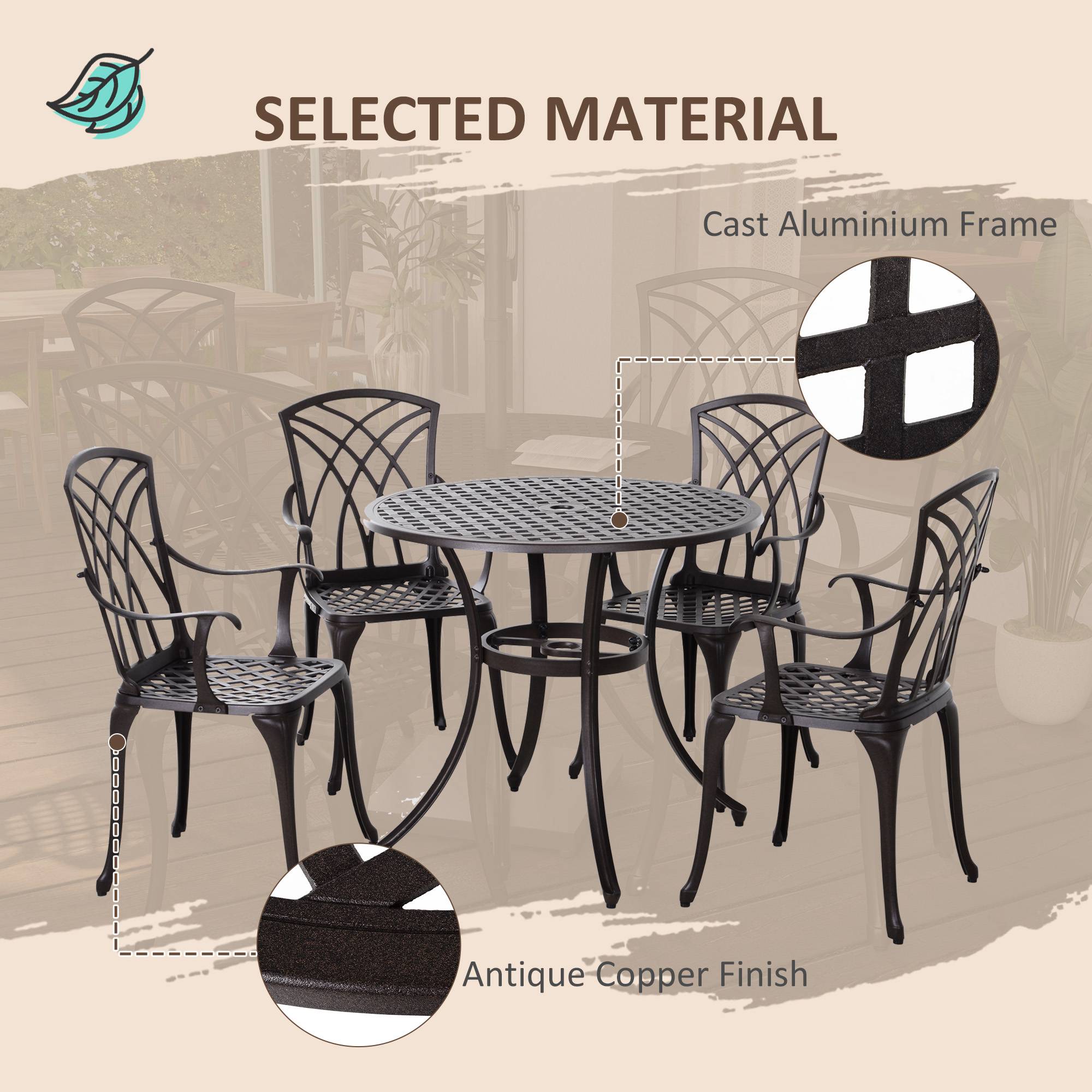 5 Pieces Outdoor Dining Set, Cast Aluminium Patio Table and Chairs with Parasol Hole, Patio Dining Set for 4, Brown Outdoor Dining Sets at Gallery Canada