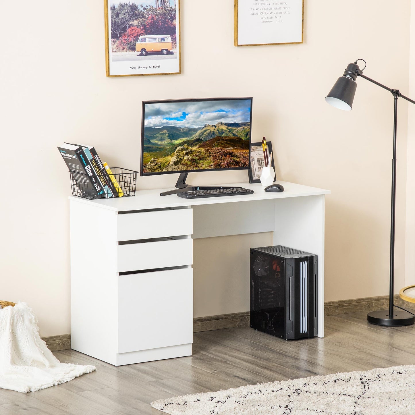 Modern Computer Desk, Home Office Desk for Study, Writing Workstation with Storage Drawer and Cabinet for Living Room White Writing Desks   at Gallery Canada