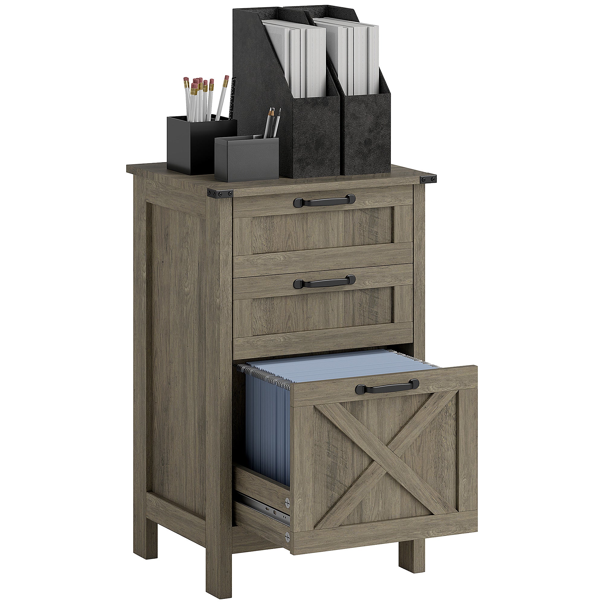 Vertical Filing Cabinet with 3 Drawers, Rustic Farmhouse Office Storage Cabinet for A4, Letter Size, Grey Wash Office Cabinets & Cupboards at Gallery Canada