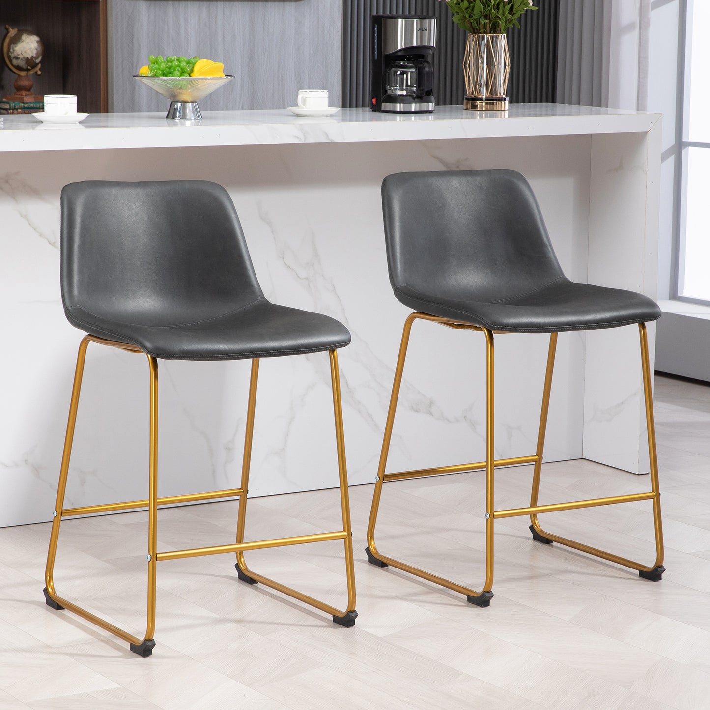 Counter Height Stools Set of 2, PU Leather Upholstered Stools for Kitchen Island, Modern Bar Chairs, Dark Grey Bar Stools Multi Colour  at Gallery Canada