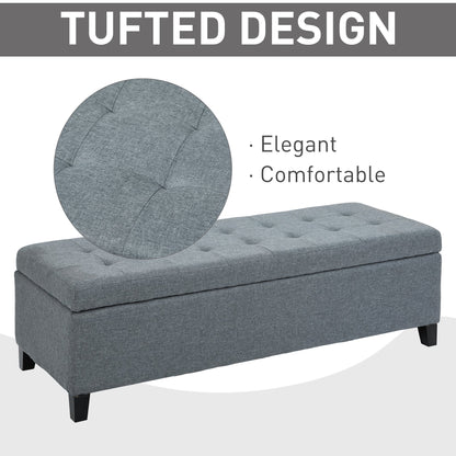 Large 50" Rectangular Storage Ottoman Bench, Tufted Upholstered Linen Fabric Wood Feet Entry Bench, Contemporary Home Decor Grey Storage Ottomans & Benches   at Gallery Canada