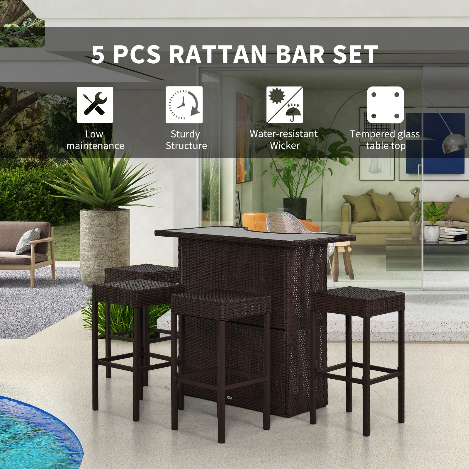 5 Pieces Patio Bar Set, Outdoor PE Rattan Wicker High Top Outdoor Table and Chairs Outdoor Bar Set with Tempered Glass Top Bar Table and Shelves, 4 Bar Chairs, Dark Brown Bistro Sets at Gallery Canada