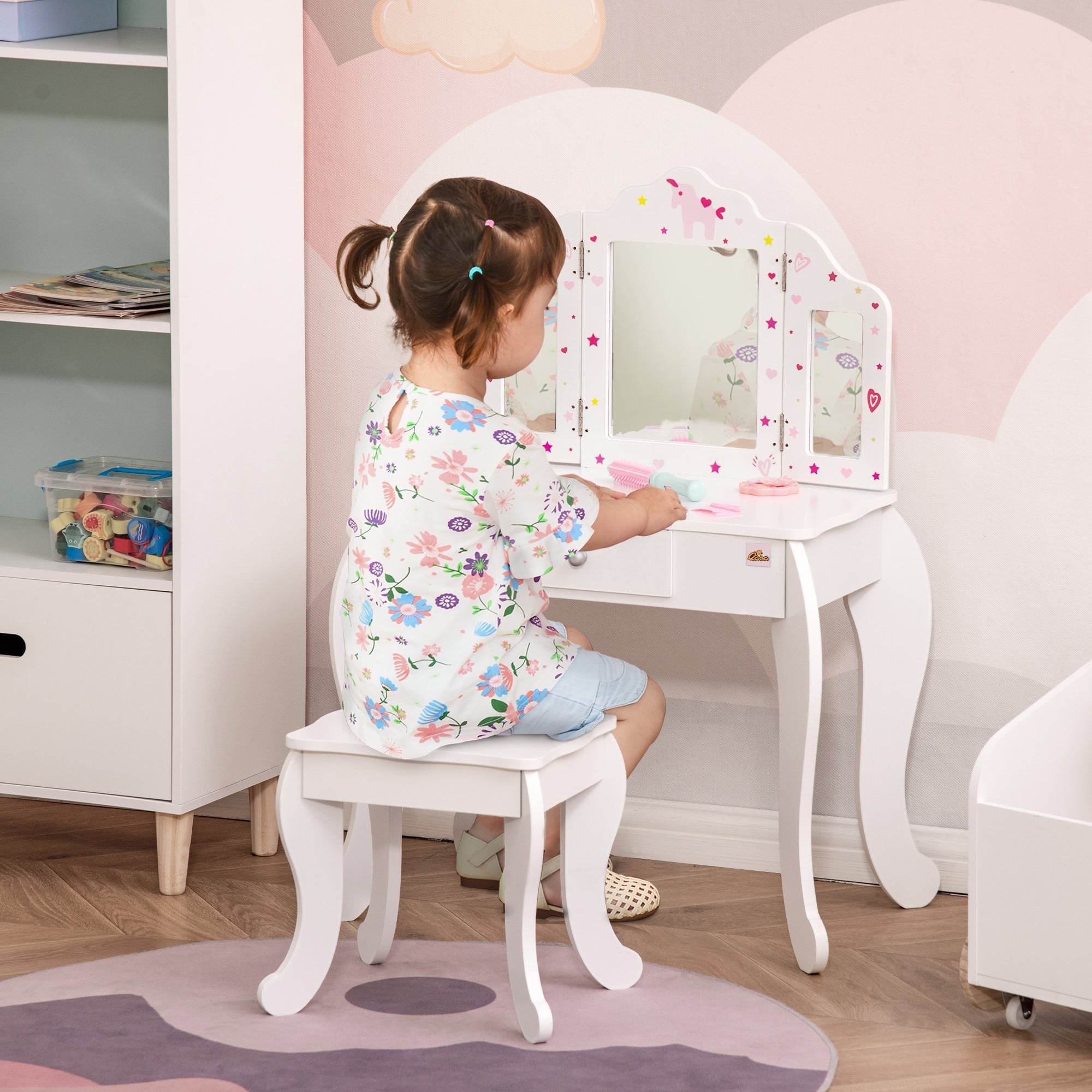 Kids Vanity Table and Stool, Makeup Vanity Girls Dressing Table Set with Tri-folding Mirrors Drawer Star and Heart Pattern, White Kids Bedroom Furniture at Gallery Canada