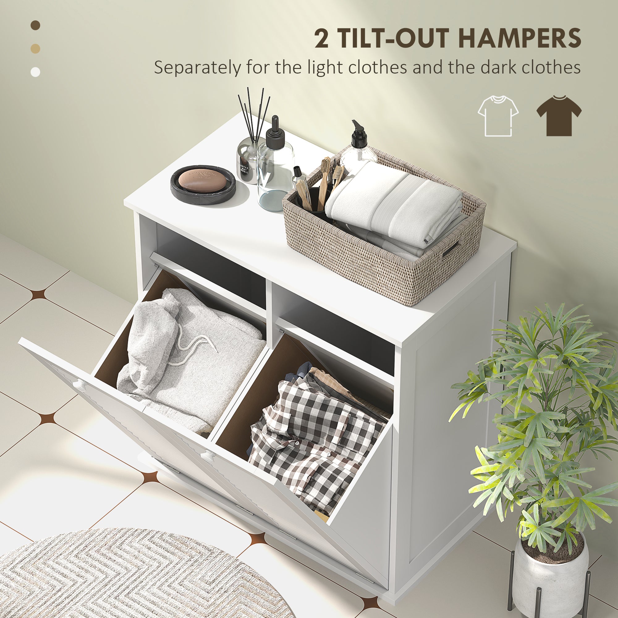 Tilt Out Laundry Cabinet, Laundry Basket Cabinet with 2 Baskets and 2 Louvered Doors, White Bathroom Cabinets at Gallery Canada