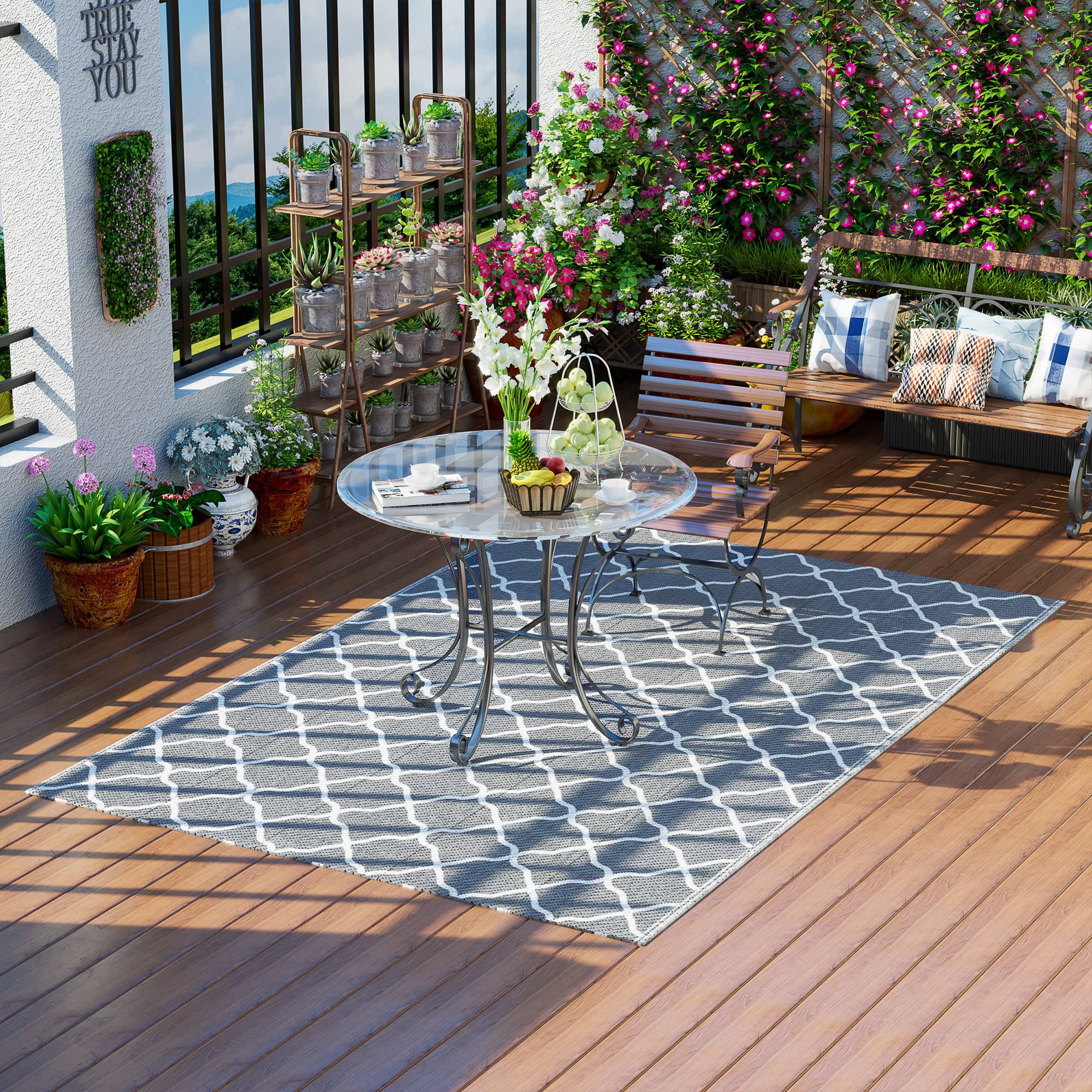 Waterproof Outdoor Rug, 6' x 9' RV Rug Reversible Mat for Backyard, Deck, Picnic, Beach, Camping, Grey &; White Net Outdoor Reversible Rugs at Gallery Canada